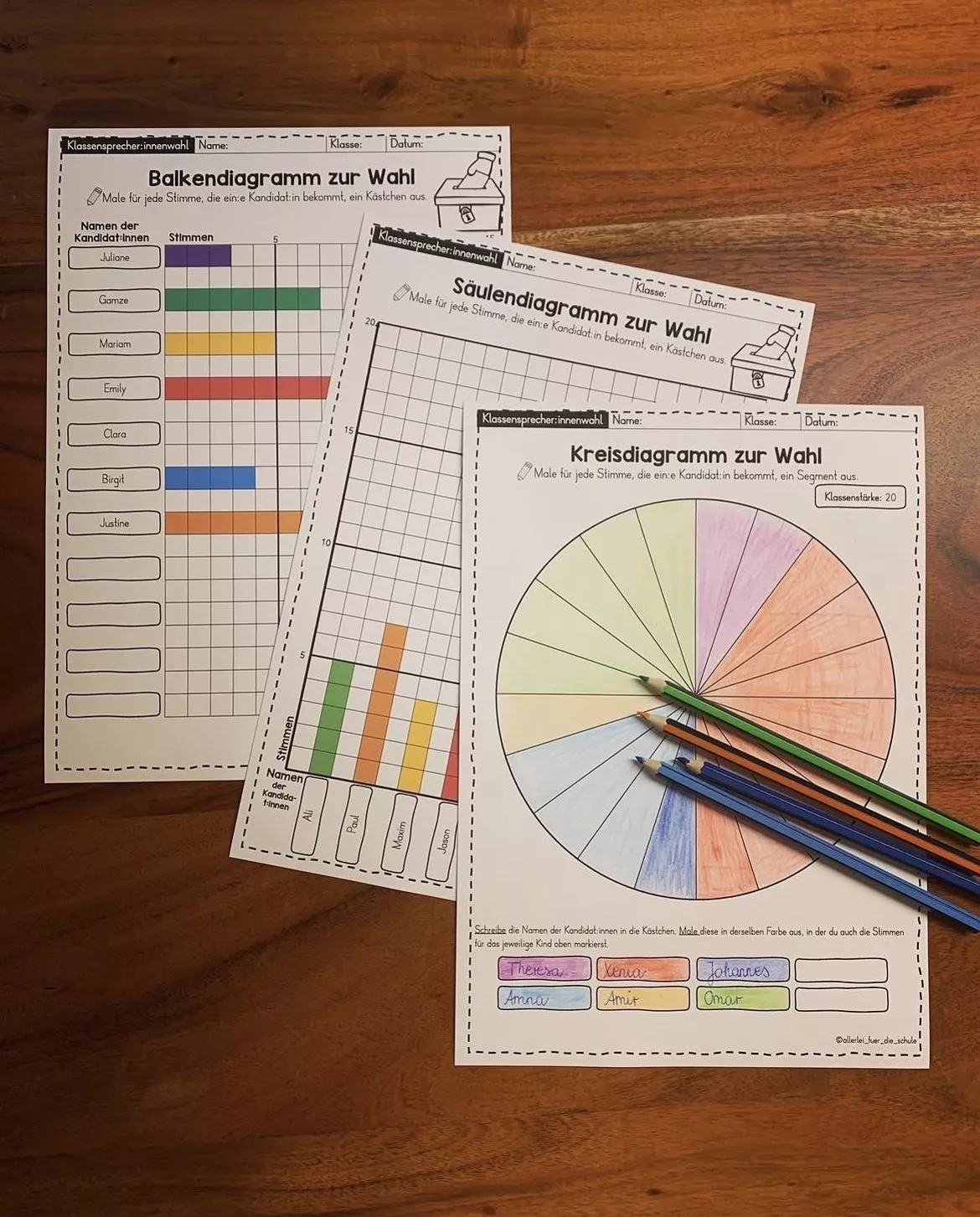 Bild in der Beschreibung des Unterrichtsmaterials Diagramme erstellen Grundschule – Klassensprecherwahl im Matheunterricht | Balken-, Säulen- & Kreisdiagramme von allerlei_fuer_die_schule #1