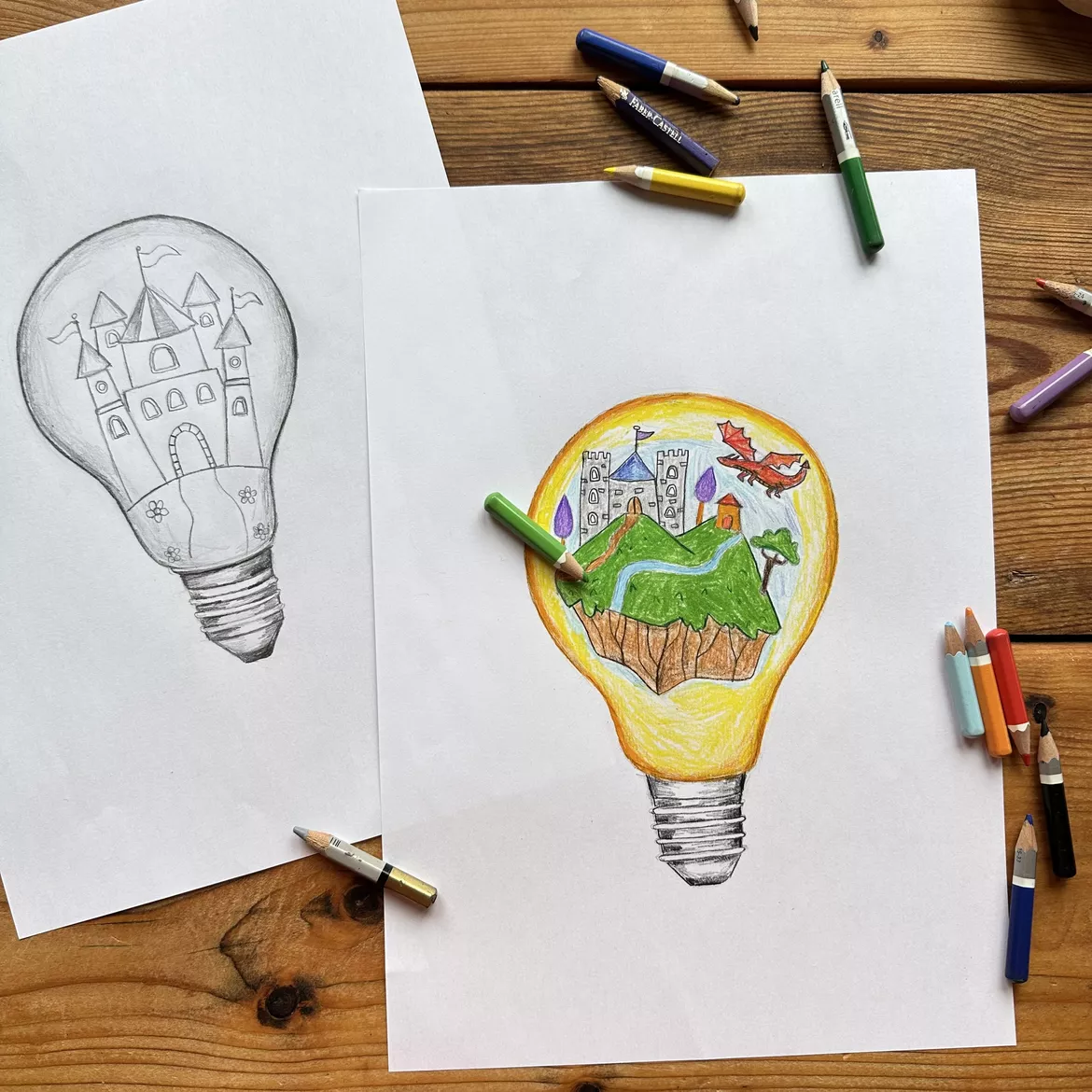 Bild in der Beschreibung des Unterrichtsmaterials Kreatives Zeichnen im Kunstunterricht - Fantasiewelten in der Glühbirne, Sekundarstufe 1 Kunstunterricht, Kunst Klasse 7, Kunst Klasse 8 von Kreativ-Schwestern #1