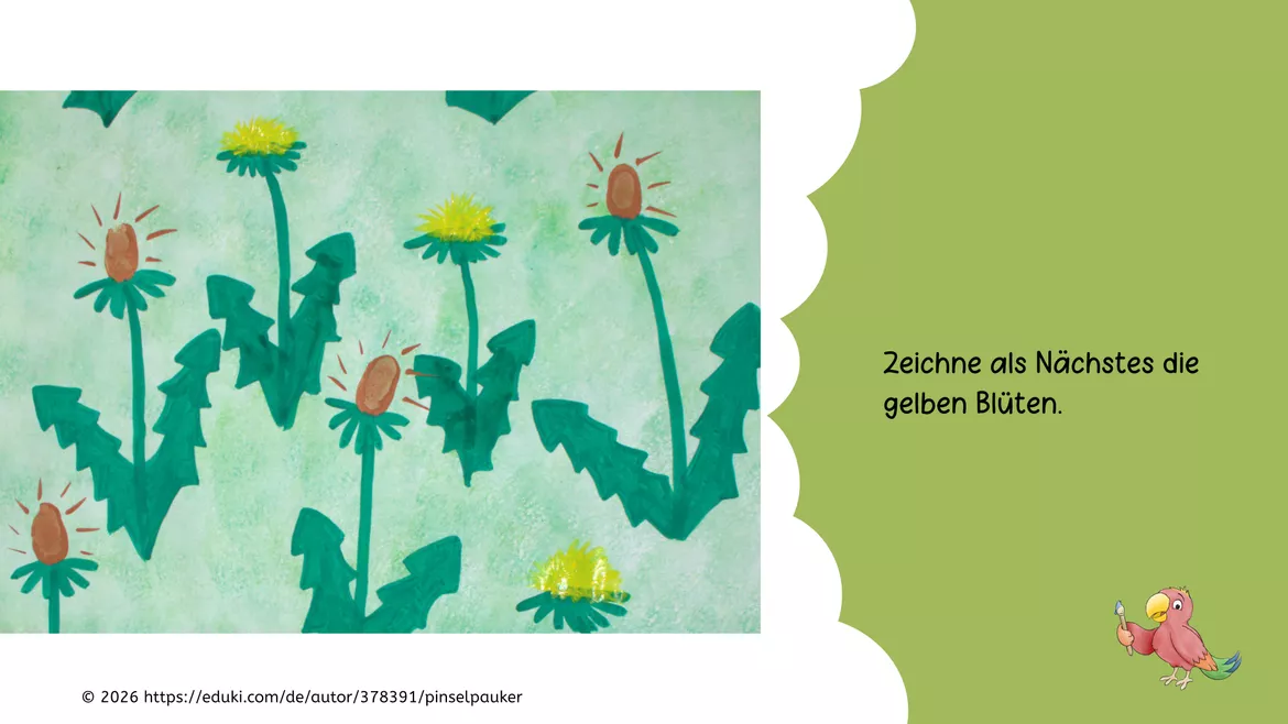 Bild in der Beschreibung des Unterrichtsmaterials Kunst Frühling, Löwenzahn Wiese malen und drucken, Grundschule von Pinselpauker #2
