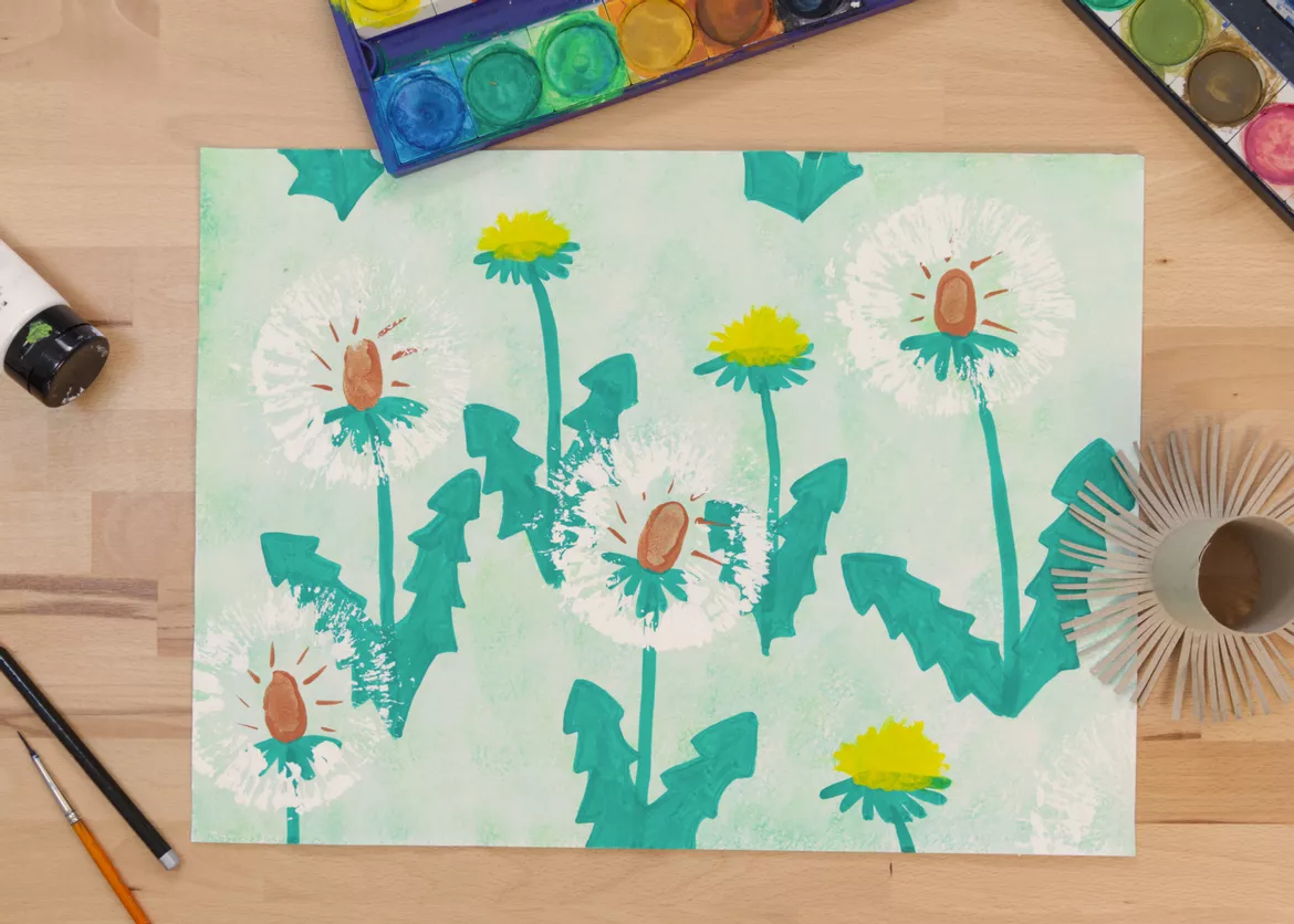 Bild in der Beschreibung des Unterrichtsmaterials Kunst Frühling, Löwenzahn Wiese malen und drucken, Grundschule von Pinselpauker #1