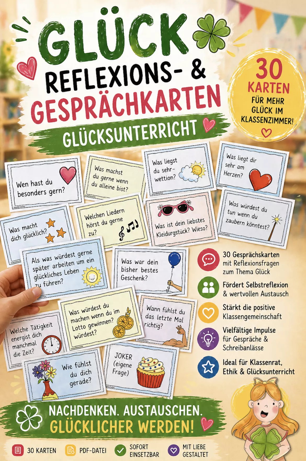 Bild in der Beschreibung des Unterrichtsmaterials Glück - 30 Reflexions- und Gesprächskarten / Glücksunterricht - Stop & Swap von Doodleteacher #1