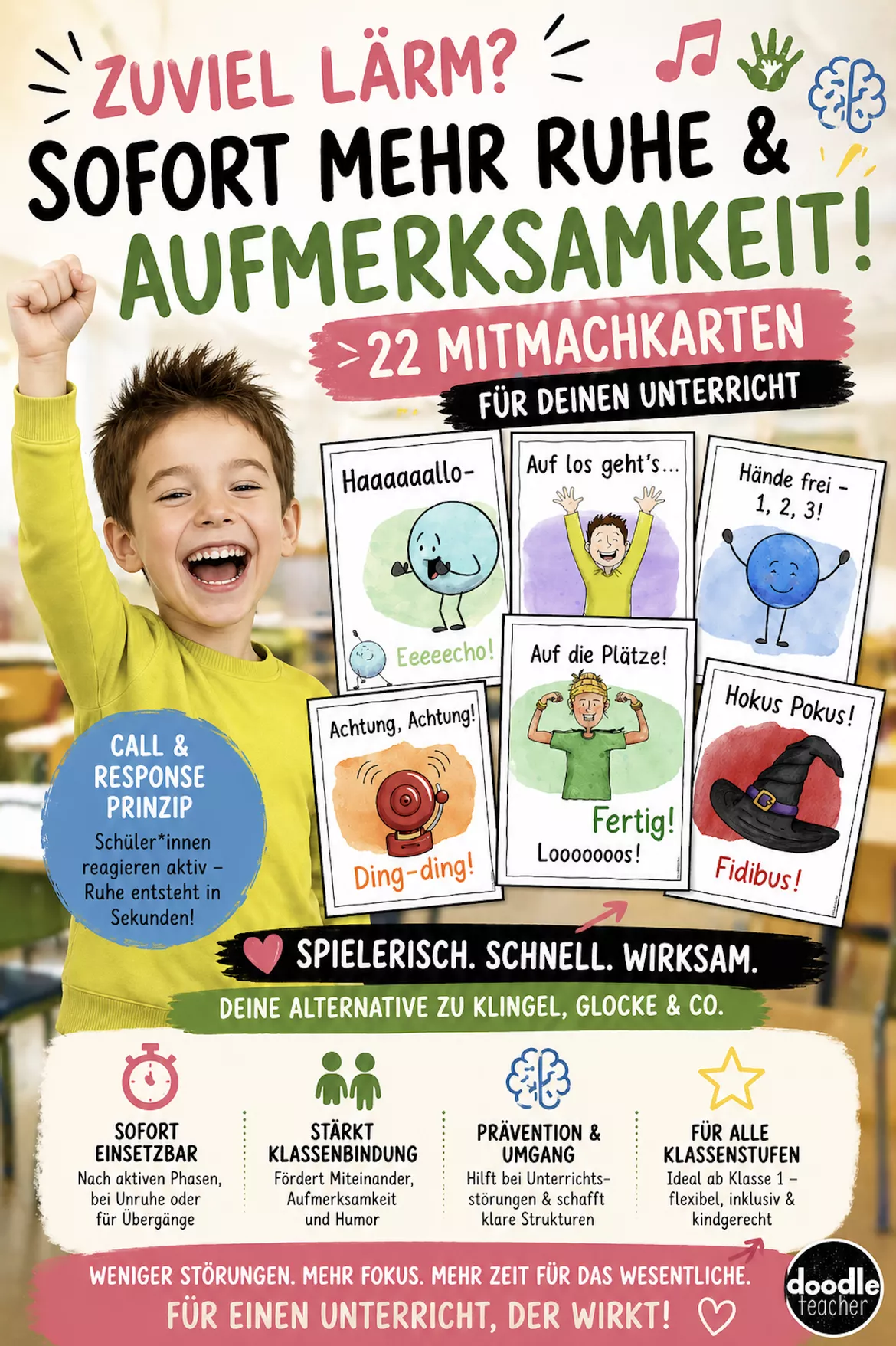 Bild in der Beschreibung des Unterrichtsmaterials Ruhe und Aufmerksamkeit - 22 Mitmachkarten / Klassenlehrer Störungen Ritual von Doodleteacher #4