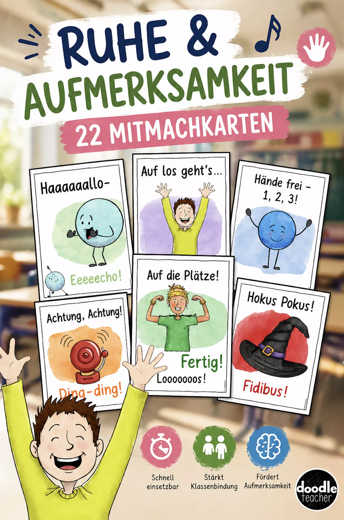 Bild in der Beschreibung des Unterrichtsmaterials Ruhe und Aufmerksamkeit - 22 Mitmachkarten / Klassenlehrer Störungen Ritual von Doodleteacher #2