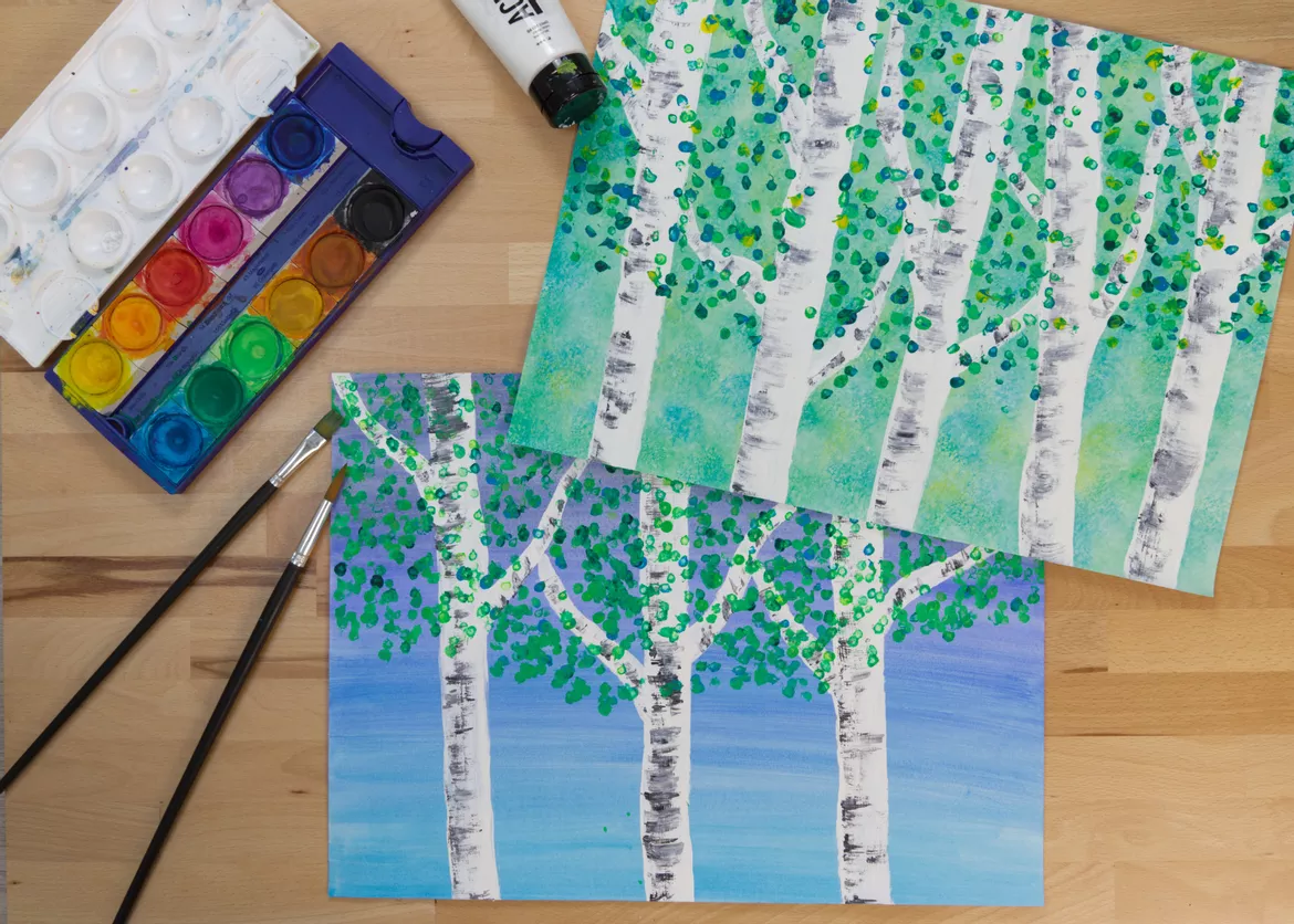 Bild in der Beschreibung des Unterrichtsmaterials Kunst Frühling, Birken malen, Grundschule von Pinselpauker #1