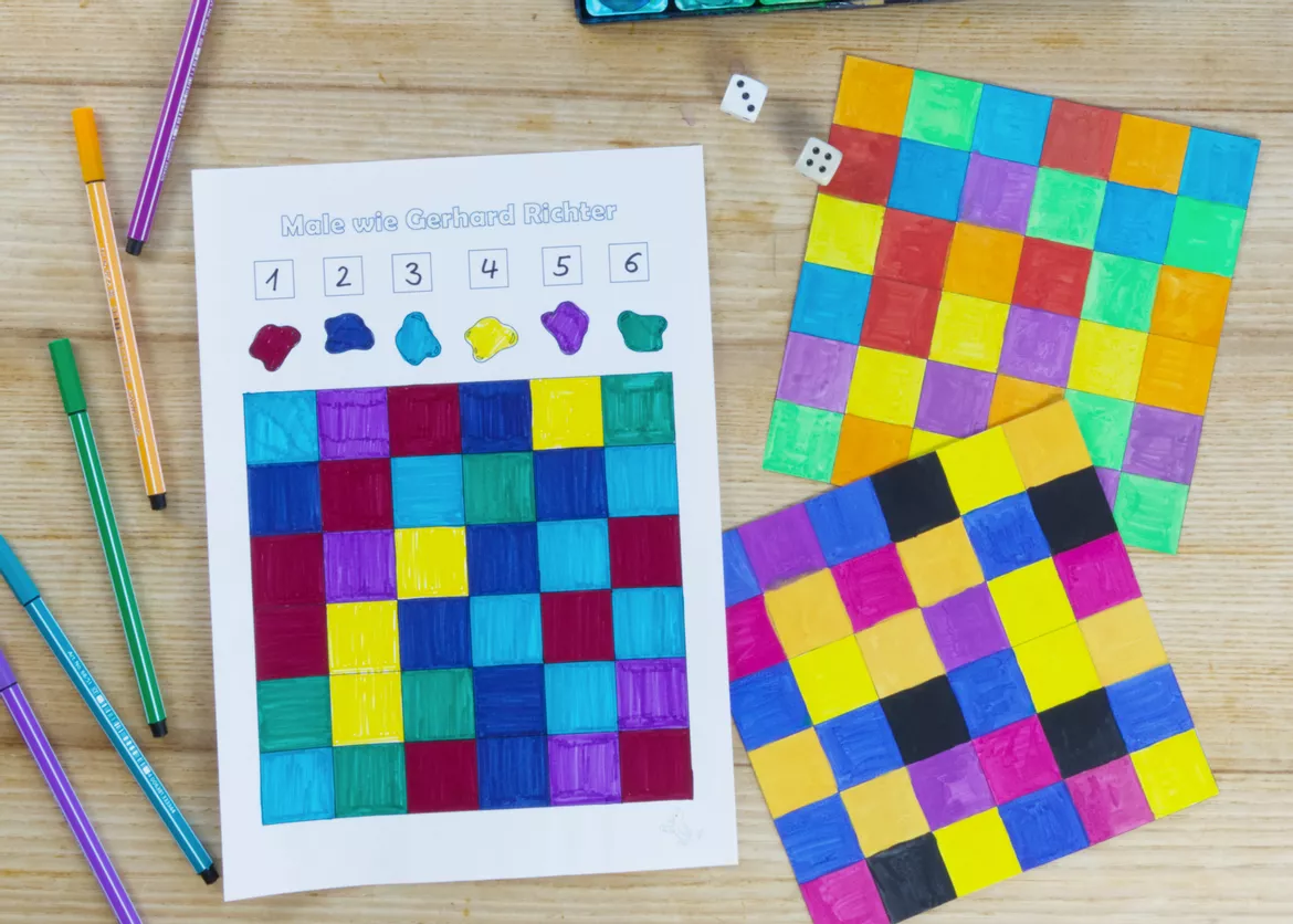Bild in der Beschreibung des Unterrichtsmaterials Kunst Gerhard Richter, Bunte Farben würfeln, Grundschule von Pinselpauker #1