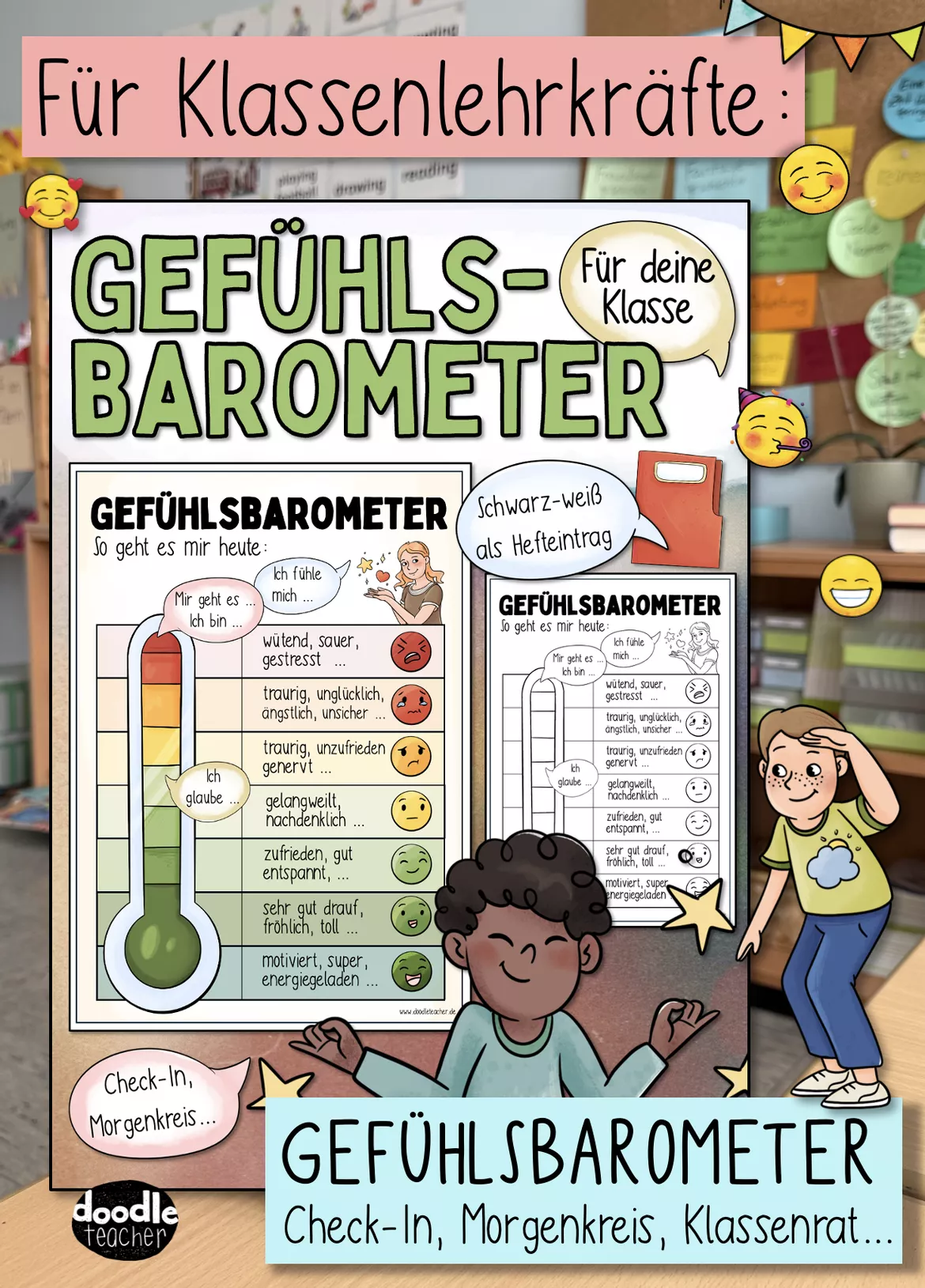 Bild in der Beschreibung des Unterrichtsmaterials Gefühlsbarometer / Gefühle Check-In, Morgenkreis & soziales Lernen von Doodleteacher #1