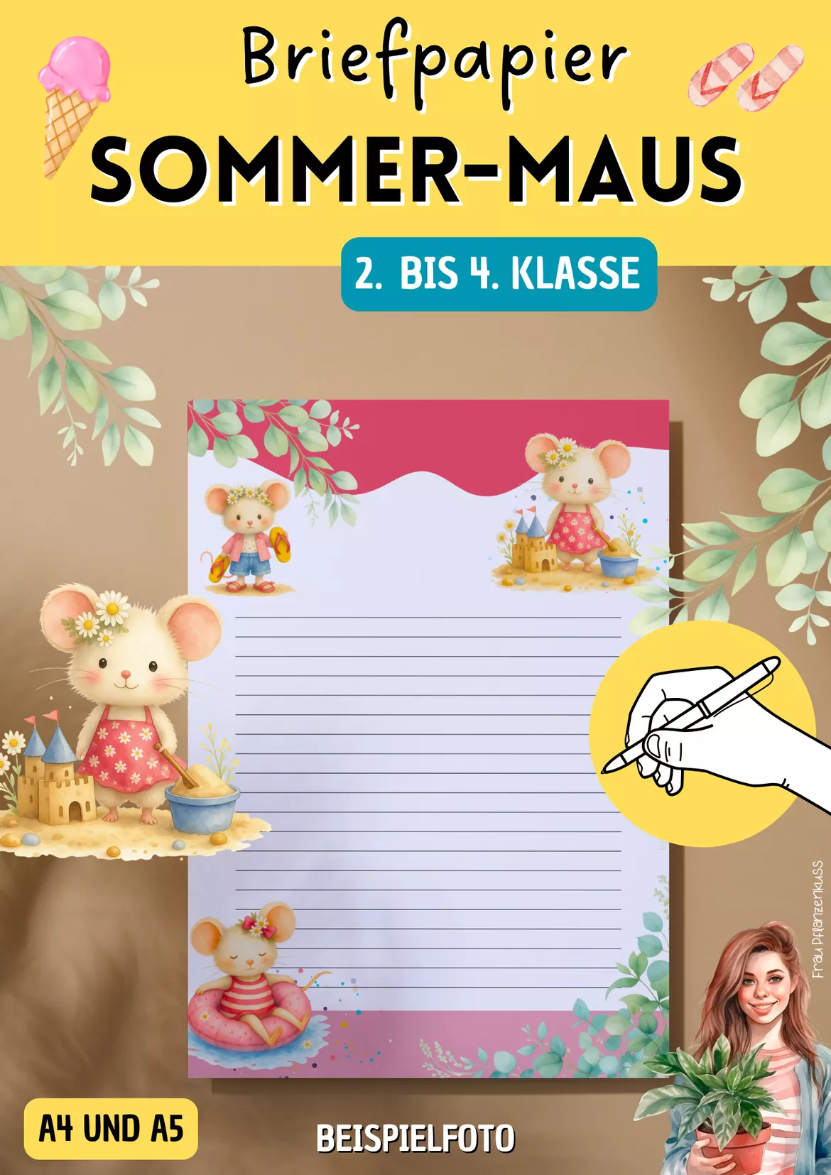 Bild in der Beschreibung des Unterrichtsmaterials Briefpapier Sommer | Niedliche Mäuse | Klasse 2–4 von Frau Pflanzenkuss #2