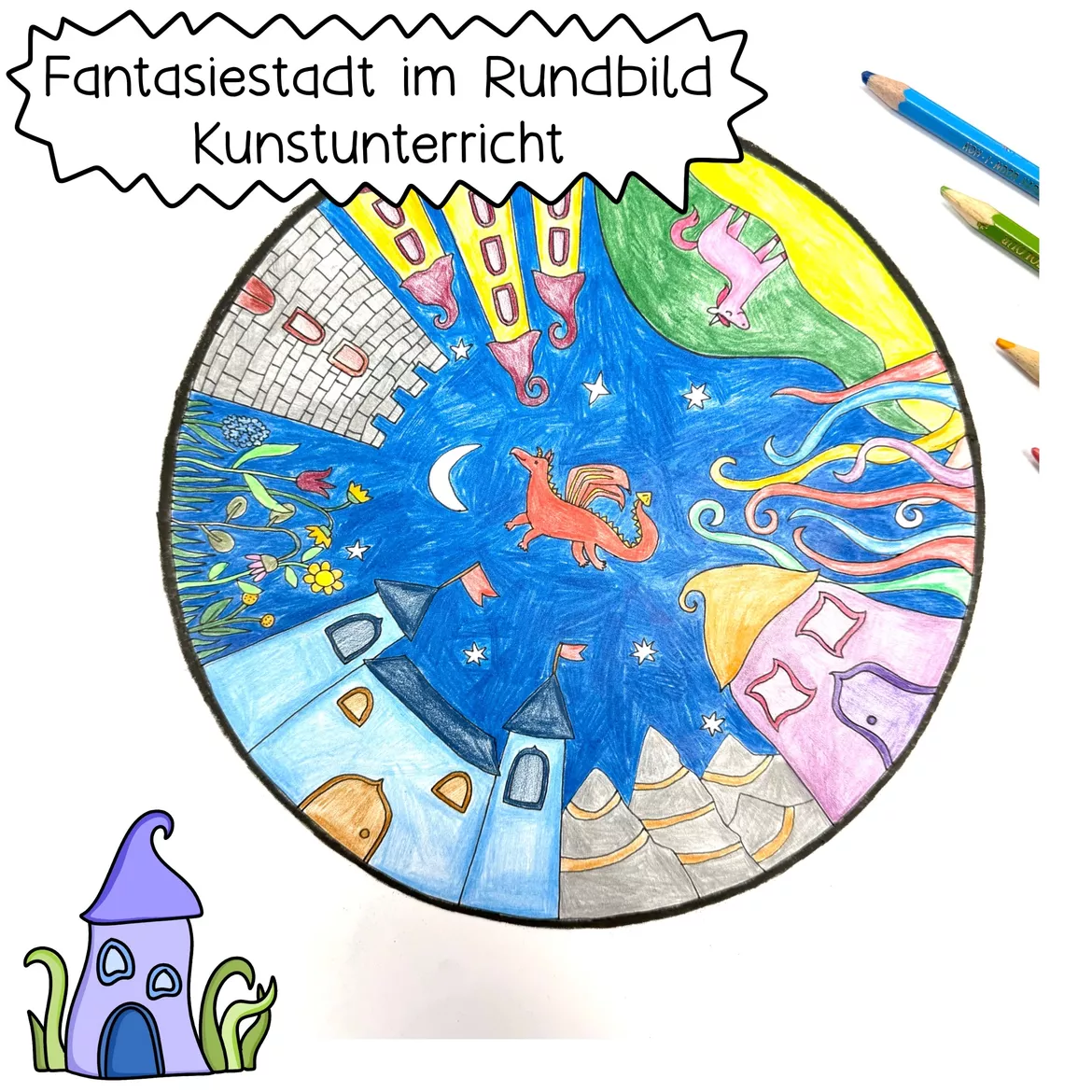 Bild in der Beschreibung des Unterrichtsmaterials Stadt im Rundbild - Kunstunterricht Klasse 4, Kunst Klasse 5, kreatives Zeichnen von Kreativ-Schwestern #1