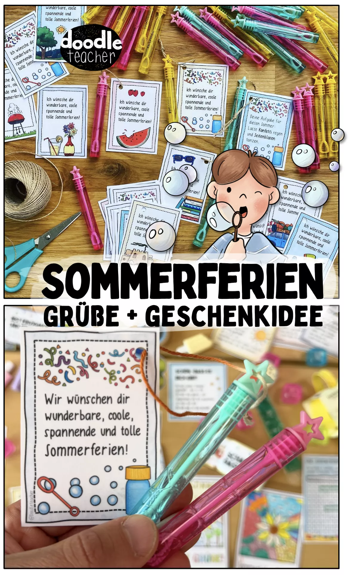 Bild in der Beschreibung des Unterrichtsmaterials Sommerferien Grußkarten - Seifenblasen & Geschenke / Abschied von Doodleteacher #1