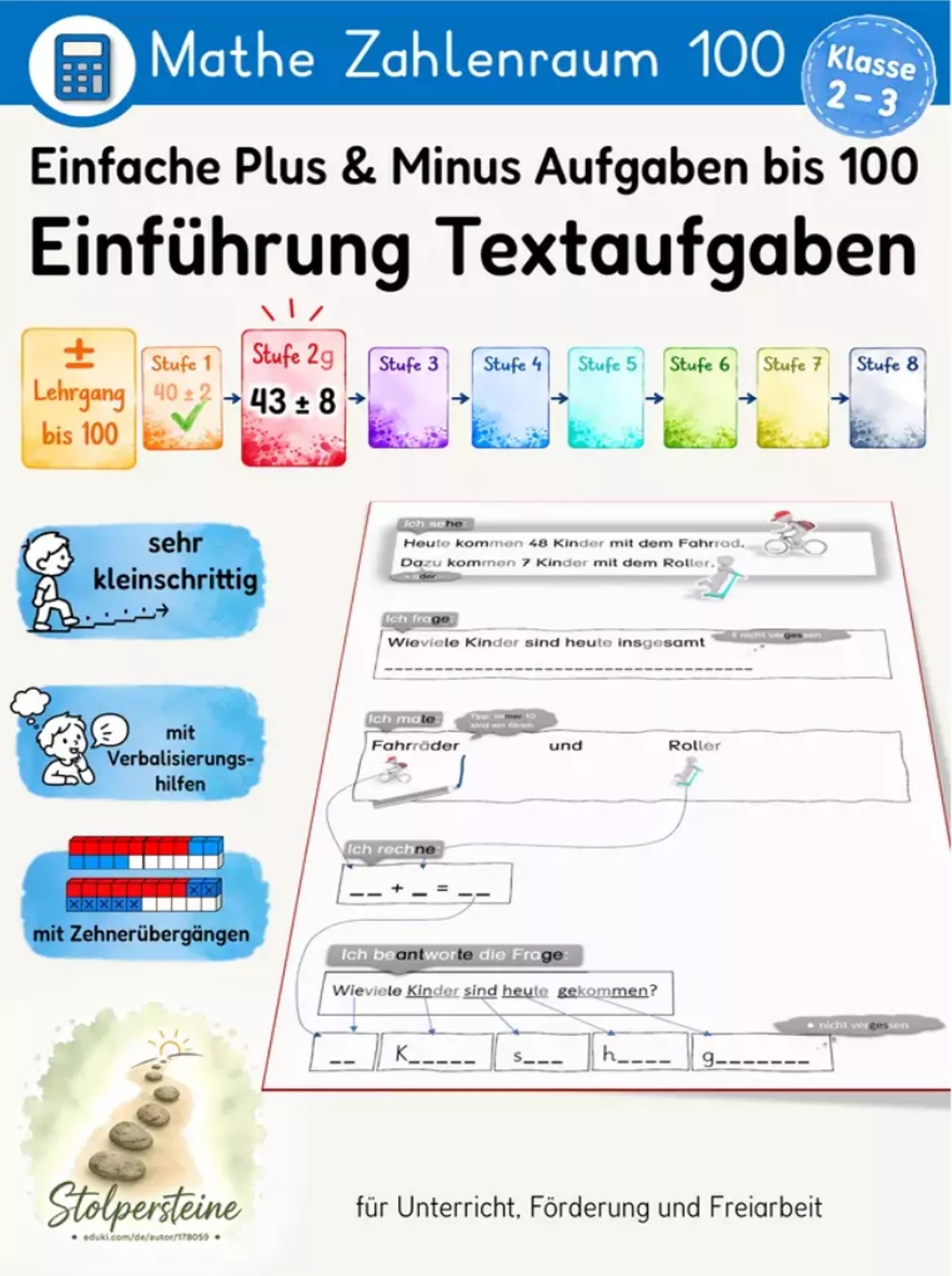 Bild in der Beschreibung des Unterrichtsmaterials Einfache Additionen und Subtraktionen bis 100, schrittweise Zehnerübergänge trainieren (± Lehrgang bis 100, Stufe 2d/8) von Stolpersteine #6