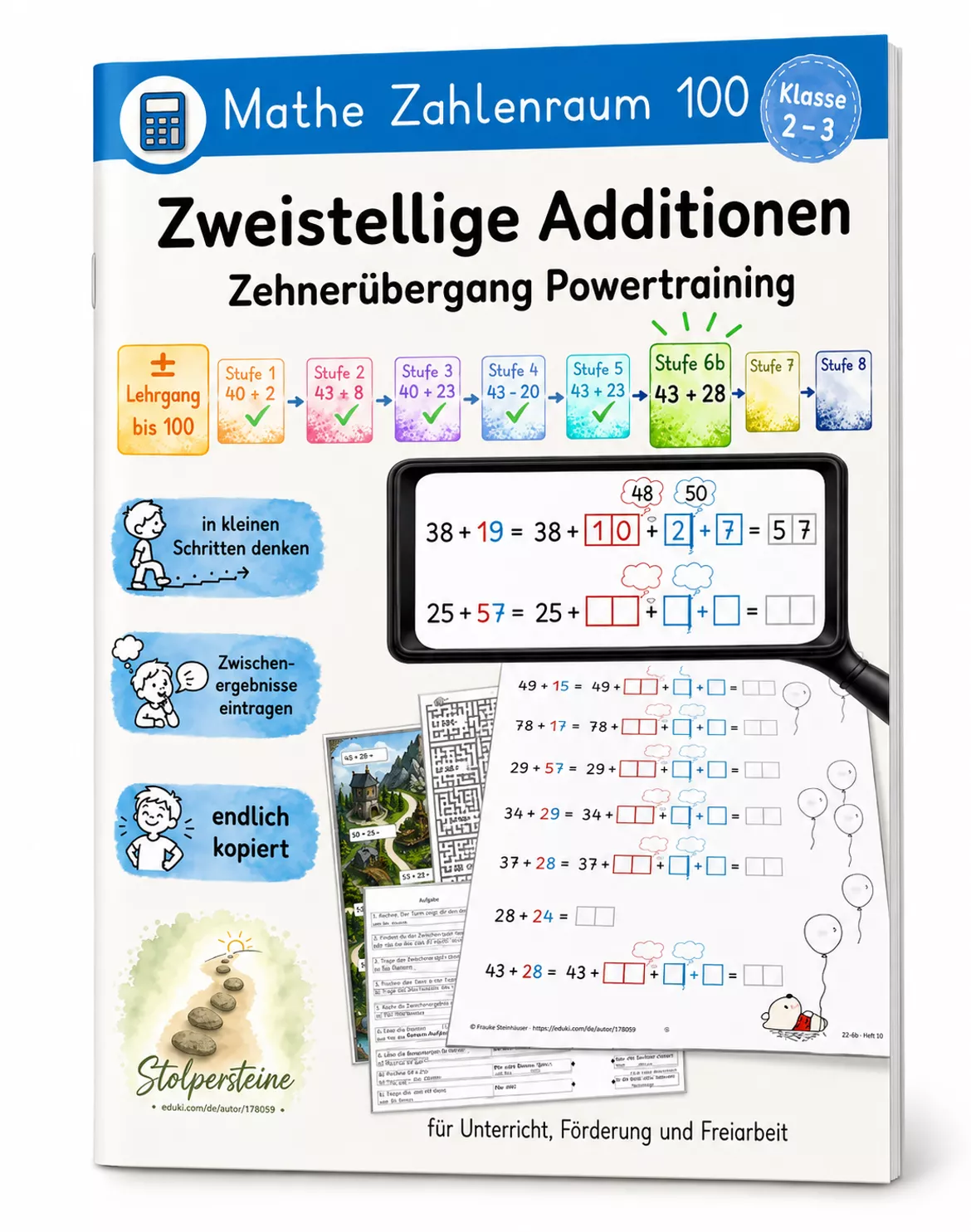 Bild in der Beschreibung des Unterrichtsmaterials Zweistellige Additionen, Zehnerübergang Powertraining ZE+ZE (± Lehrgang bis 100, Stufe 6b/8) von Stolpersteine #9