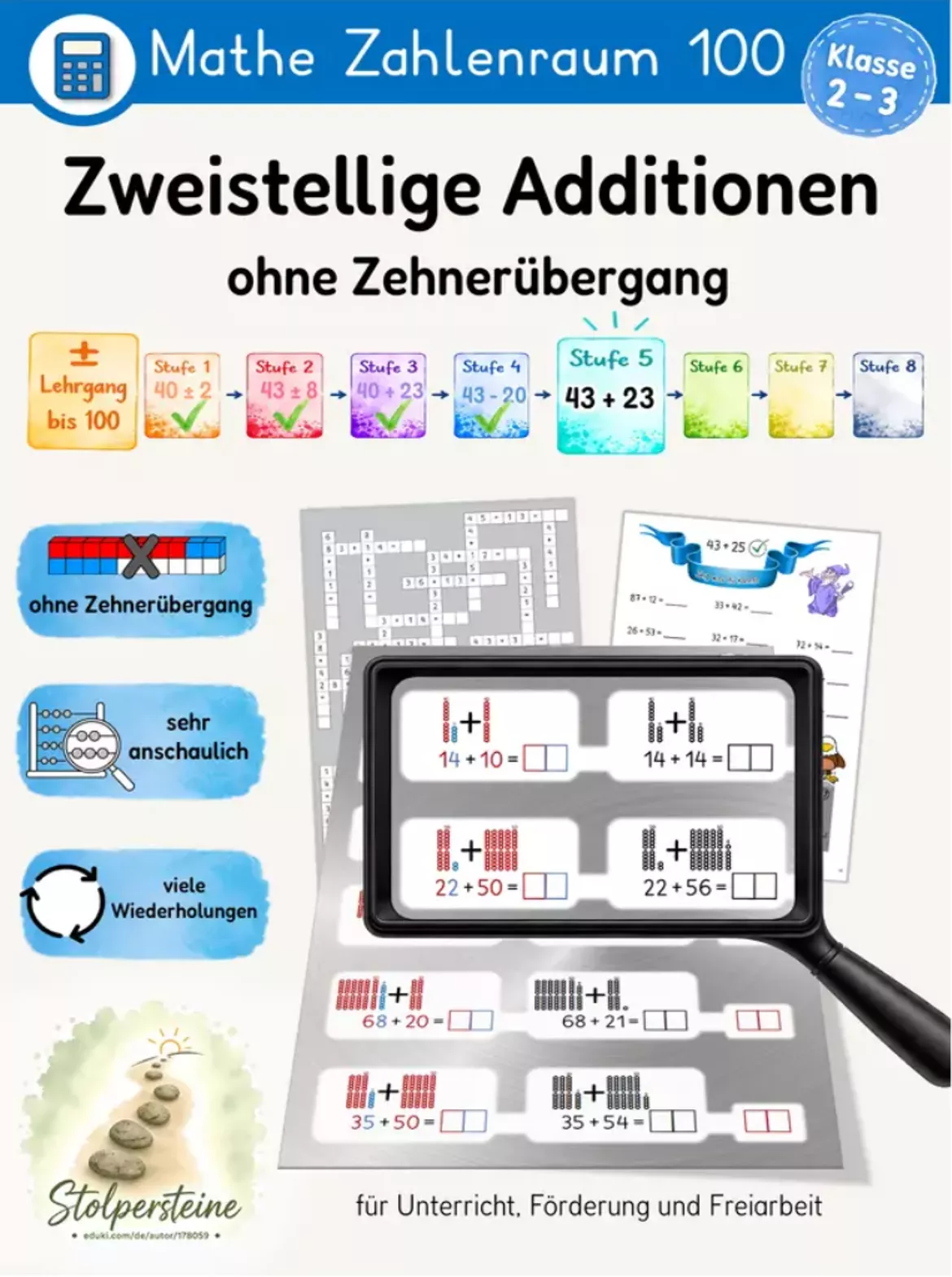 Bild in der Beschreibung des Unterrichtsmaterials Zweistellige Additionen, Zehnerübergang Powertraining ZE+ZE (± Lehrgang bis 100, Stufe 6b/8) von Stolpersteine #5