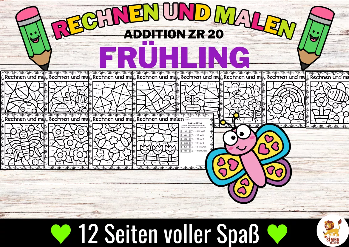 Bild in der Beschreibung des Unterrichtsmaterials Rechen-Mal-Blätter - Addition ZR 20 (Frühling) Lente Wiskunde Duits von SIMBA Trainers Education #2