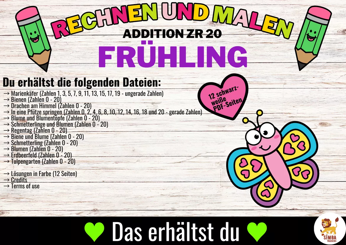 Bild in der Beschreibung des Unterrichtsmaterials Rechen-Mal-Blätter - Addition ZR 20 (Frühling) Lente Wiskunde Duits von SIMBA Trainers Education #1