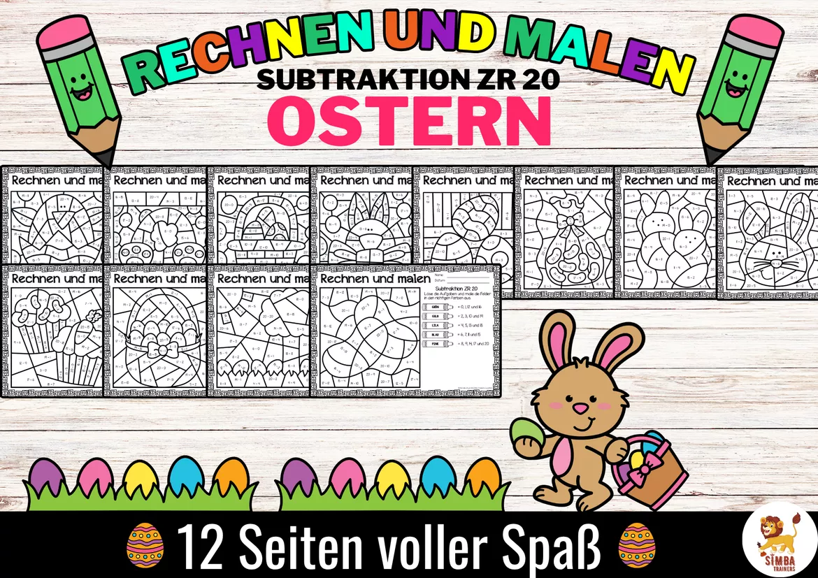 Bild in der Beschreibung des Unterrichtsmaterials Rechen-Mal-Blätter - Subtraktion Zahlenraum bis 20 (Ostern) Pasen Wiskunde Duits von SIMBA Trainers Education #2