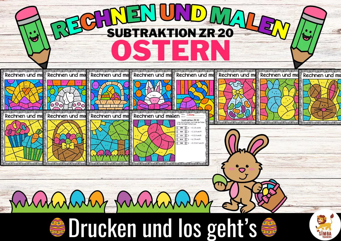 Bild in der Beschreibung des Unterrichtsmaterials Rechen-Mal-Blätter - Subtraktion Zahlenraum bis 20 (Ostern) Pasen Wiskunde Duits von SIMBA Trainers Education #3