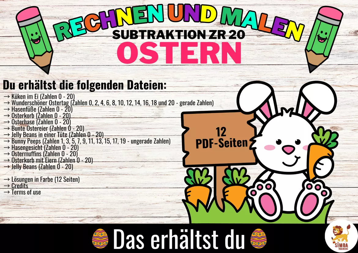 Bild in der Beschreibung des Unterrichtsmaterials Rechen-Mal-Blätter - Subtraktion Zahlenraum bis 20 (Ostern) Pasen Wiskunde Duits von SIMBA Trainers Education #1