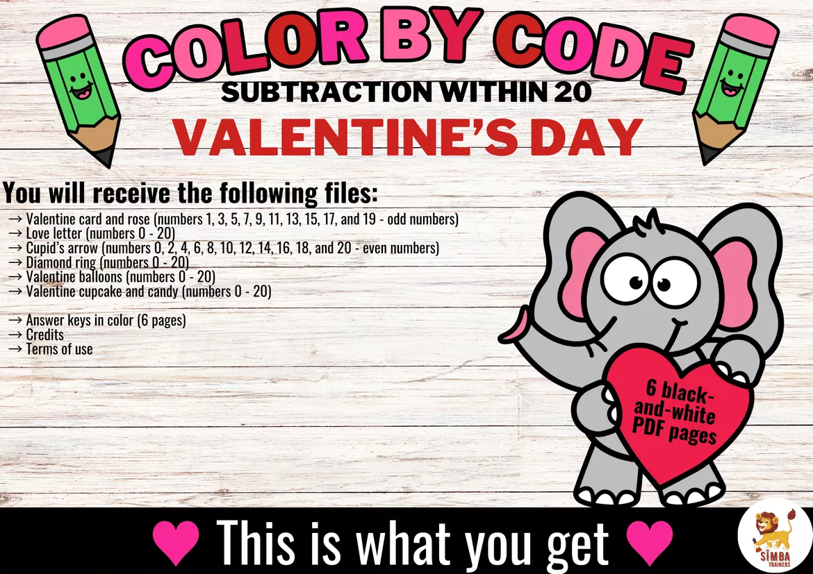 Bild in der Beschreibung des Unterrichtsmaterials Color by code - Subtraction within 20 (Valentine