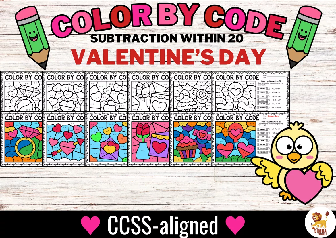 Bild in der Beschreibung des Unterrichtsmaterials Color by code - Subtraction within 20 (Valentine