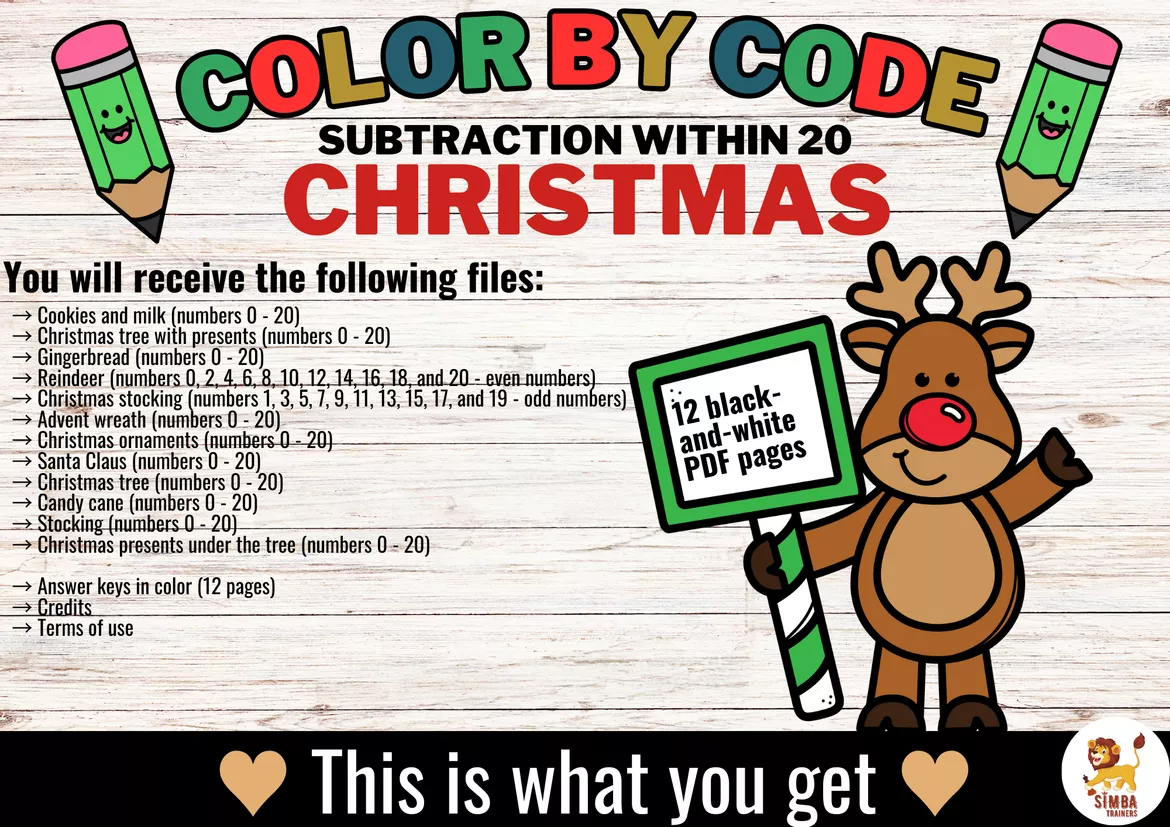 Bild in der Beschreibung des Unterrichtsmaterials Color by code - Subtraction within 20 (Christmas) | Navidad Sumas y restas Matemáticas Inglés von SIMBA Trainers Education #1