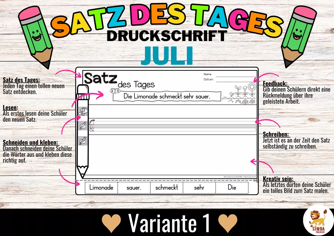 Bild in der Beschreibung des Unterrichtsmaterials Sätze schreiben / Satz des Tages / Schüttelsätze (Druckschrift) schreiben Sommer Sommerferien Juli Alemán von SIMBA Trainers Education #1
