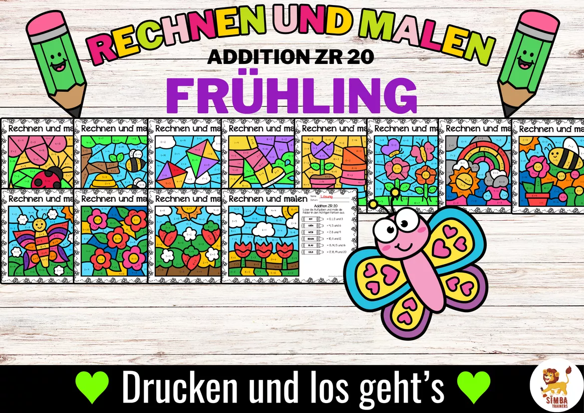 Bild in der Beschreibung des Unterrichtsmaterials Rechen-Mal-Blätter - Addition ZR 20 (Frühling) Primavera Sumas y restas Matemáticas Alemán von SIMBA Trainers Education #3
