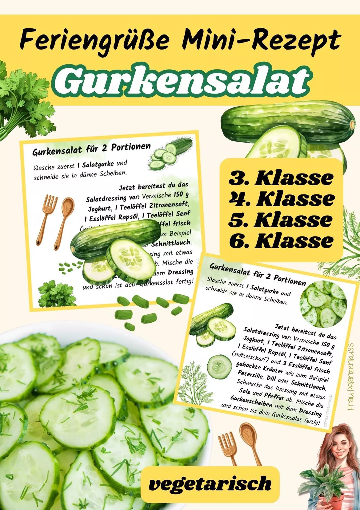 Bild in der Beschreibung des Unterrichtsmaterials Gurkensalat | Mini-Rezeptkarte | vegetarisch | Feriengruß | Klasse 3–6 von Frau Pflanzenkuss #2