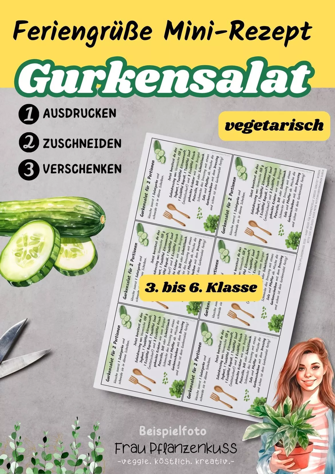 Bild in der Beschreibung des Unterrichtsmaterials Gurkensalat | Mini-Rezeptkarte | vegetarisch | Feriengruß | Klasse 3–6 von Frau Pflanzenkuss #1