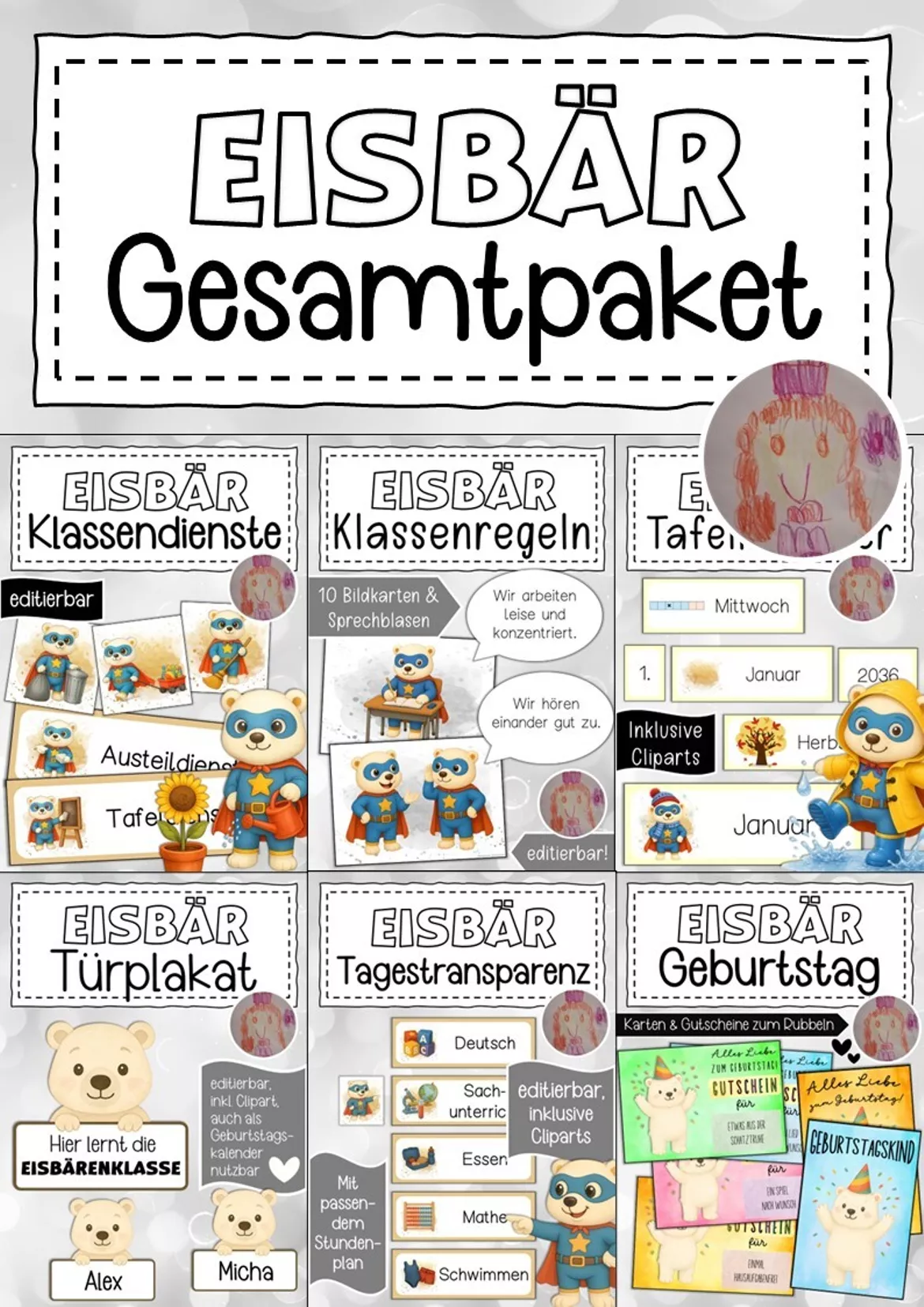 Bild in der Beschreibung des Unterrichtsmaterials Willkommensgruß Klassentier Eisbär Regenbogen von Abenteuer Grundschule #1