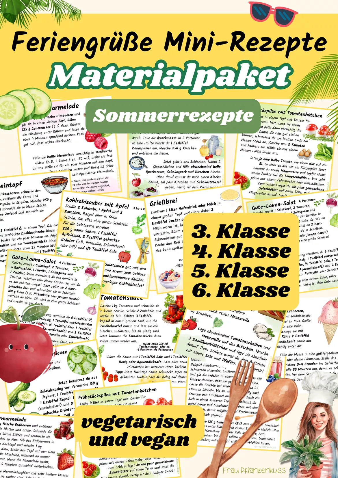 Bild in der Beschreibung des Unterrichtsmaterials Materialpaket Sommerrezepte | Mini-Rezeptkarten | vegetarisch & vegan | Feriengruß | Klasse 3–6 von Frau Pflanzenkuss #1