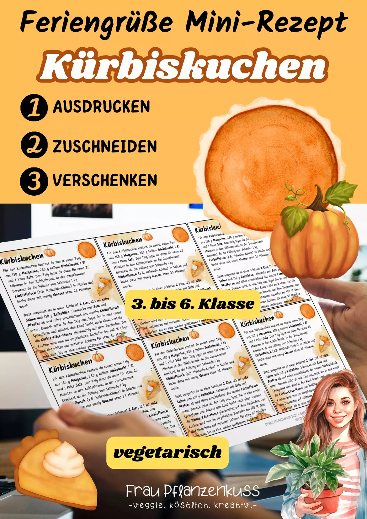 Bild in der Beschreibung des Unterrichtsmaterials Kürbiskuchen | Mini-Rezeptkarte | vegetarisch | Herbstgruß | Klasse 3–6 von Frau Pflanzenkuss #1