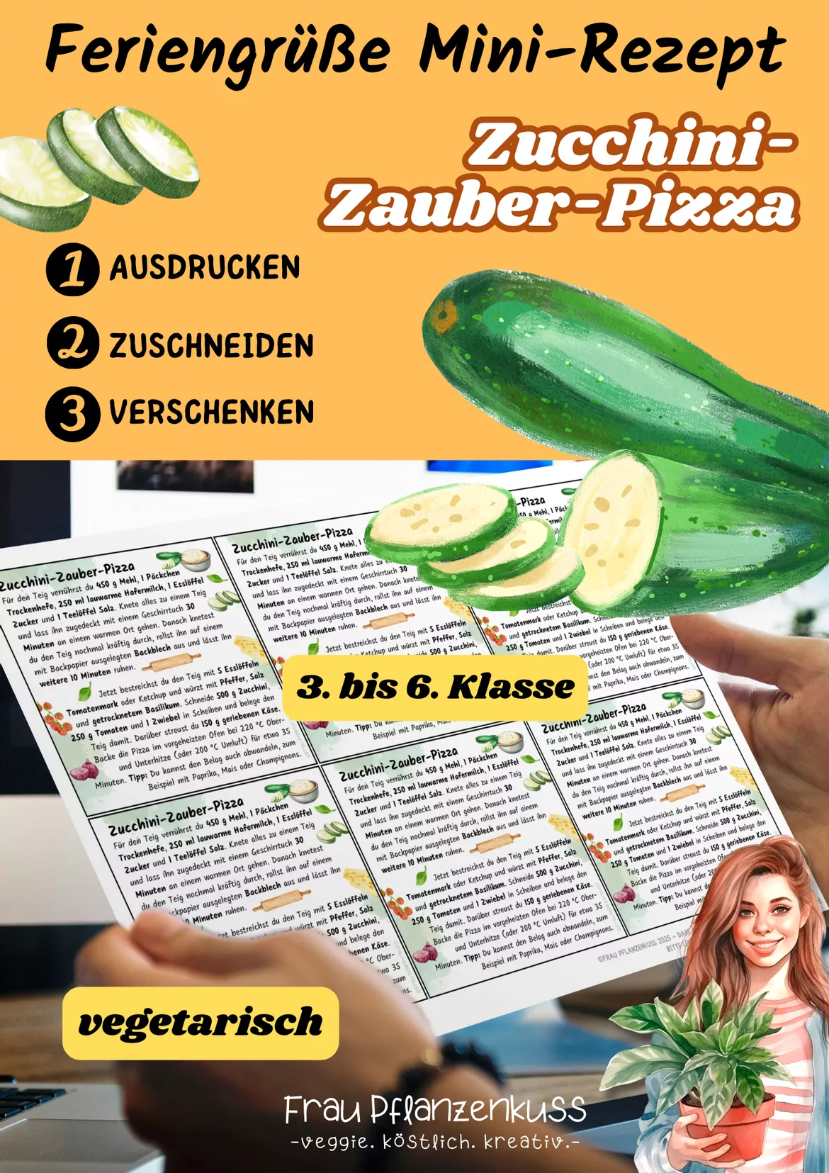Bild in der Beschreibung des Unterrichtsmaterials Zucchini-Zauber-Pizza | Mini-Rezeptkarte | vegetarisch | Herbstgruß | Klasse 3–6 von Frau Pflanzenkuss #1
