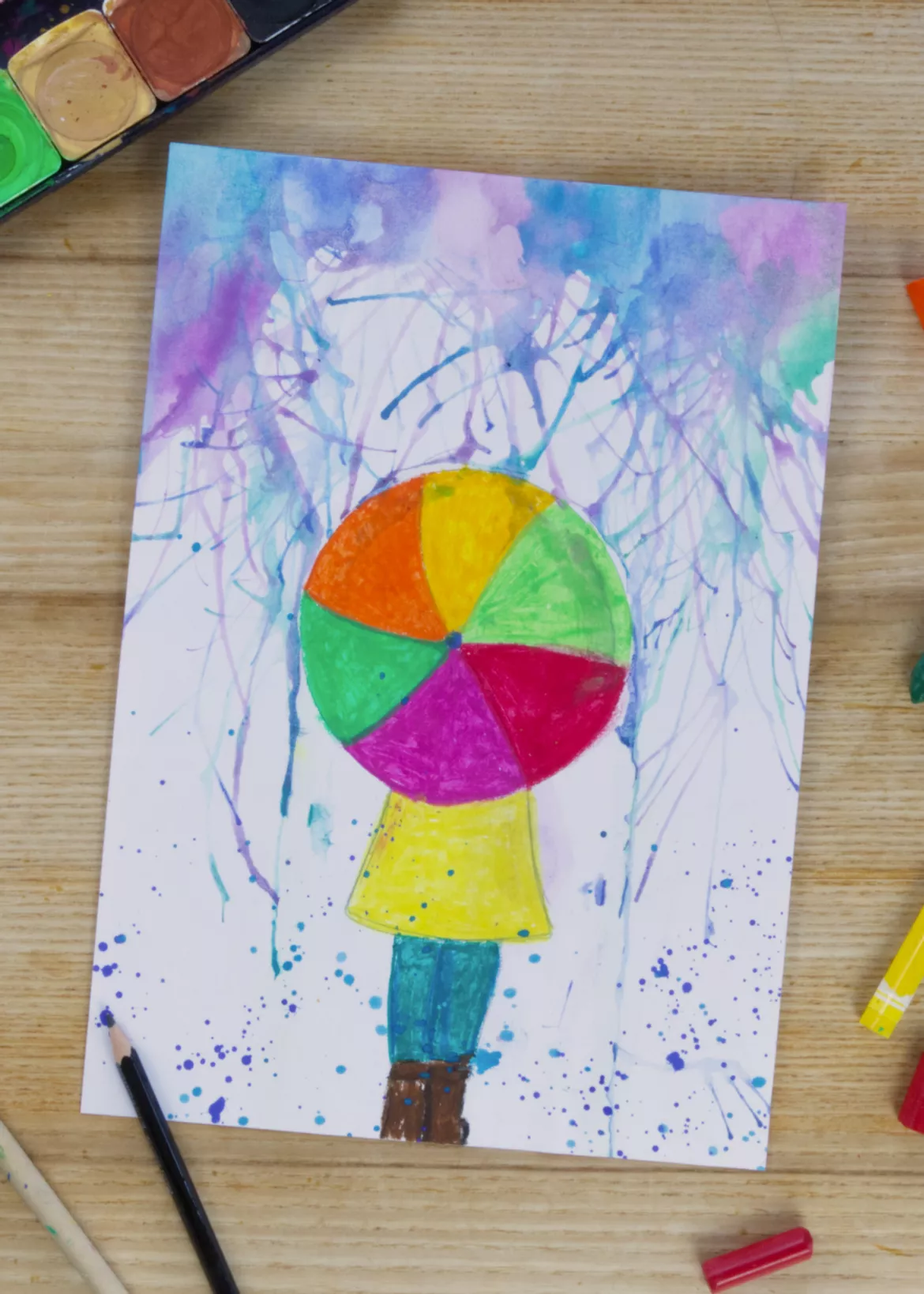 Bild in der Beschreibung des Unterrichtsmaterials Kunst Frühling, Regenschirm mit Wasserfarben, Grundschule von Pinselpauker #1