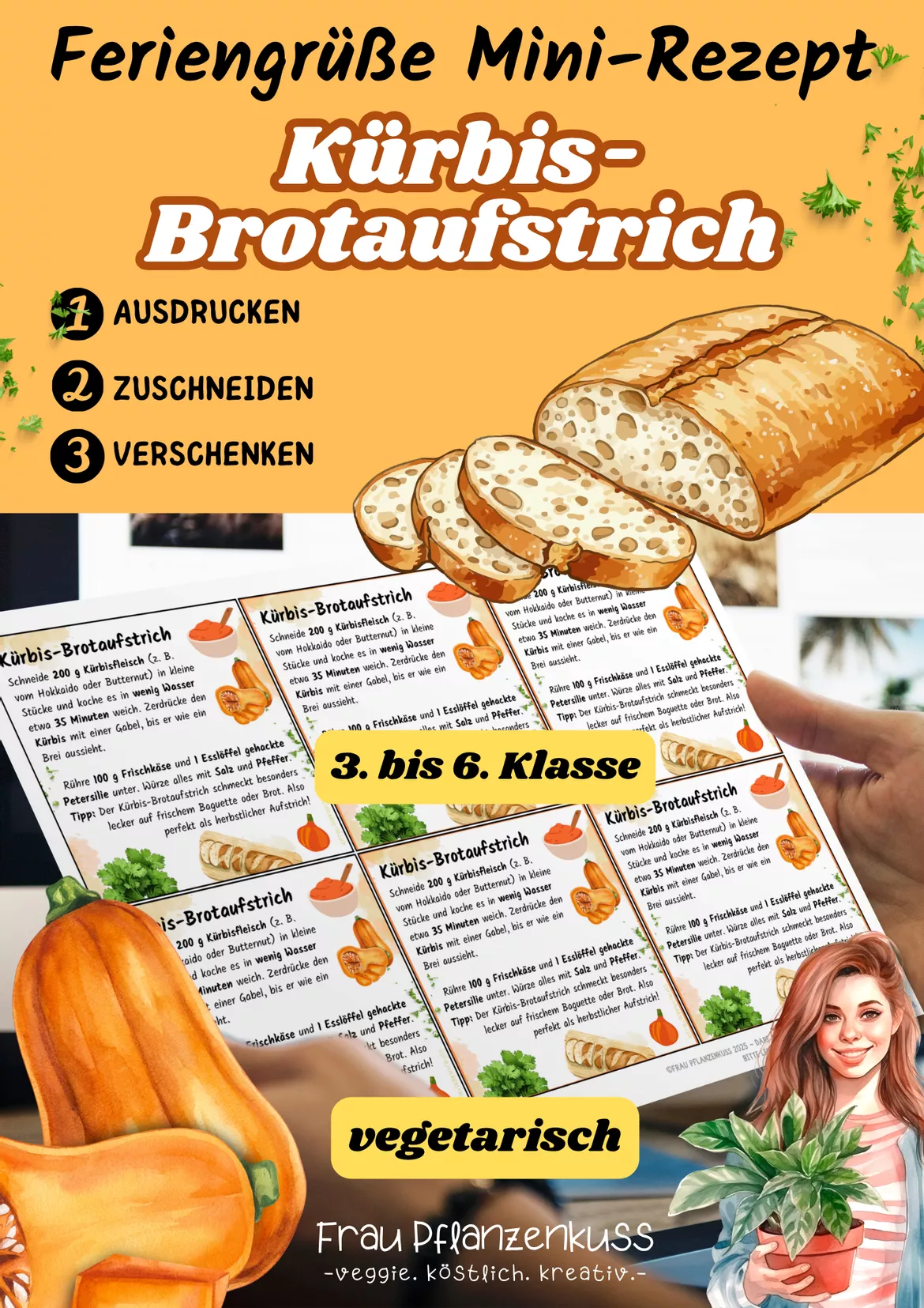 Bild in der Beschreibung des Unterrichtsmaterials Kürbis-Brotaufstrich | Mini-Rezeptkarte | vegetarisch | Herbstgruß | Klasse 3–6 von Frau Pflanzenkuss #1