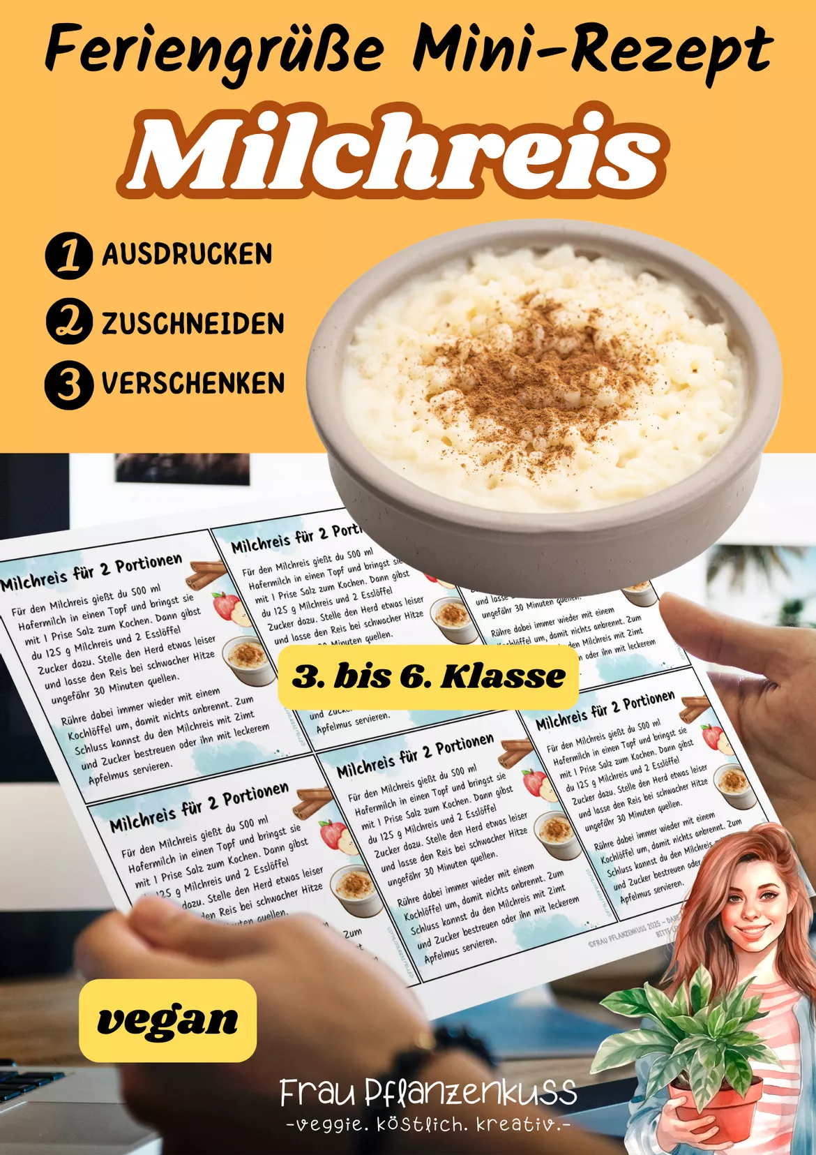 Bild in der Beschreibung des Unterrichtsmaterials Milchreis | Mini-Rezeptkarte | vegan | Herbstgruß | Klasse 3–6 von Frau Pflanzenkuss #1