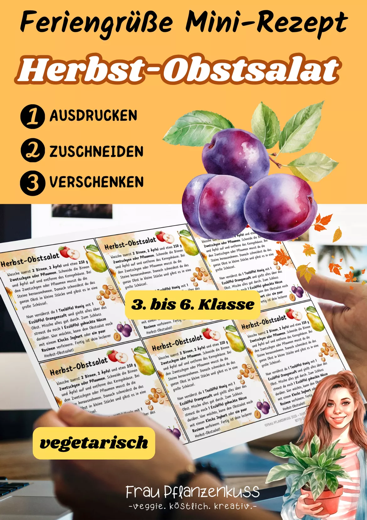 Bild in der Beschreibung des Unterrichtsmaterials Herbst-Obstsalat | Mini-Rezeptkarte | vegetarisch | Herbstgruß | Klasse 3–6 von Frau Pflanzenkuss #1