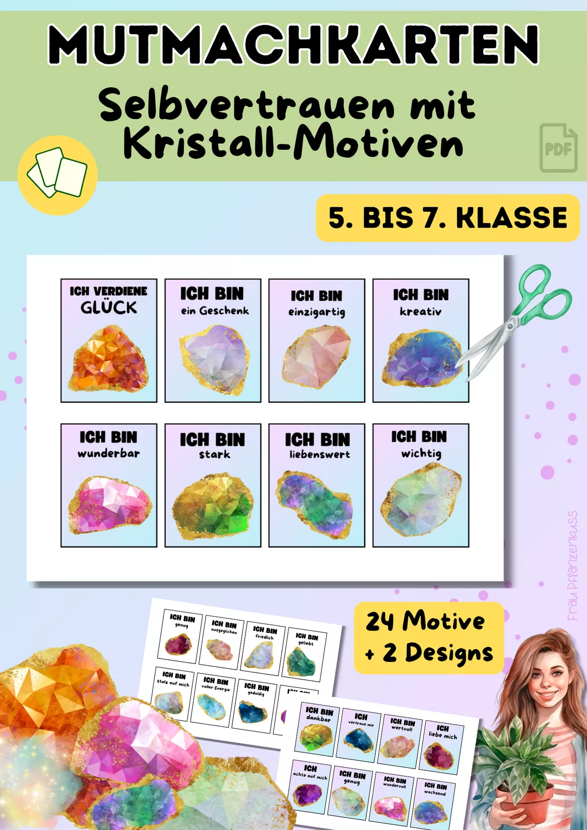 Bild in der Beschreibung des Unterrichtsmaterials Mutmachkarten Kristalle & Edelsteine | Positive Affirmationen für mehr Selbstvertrauen | Klasse 5–7 von Frau Pflanzenkuss #2