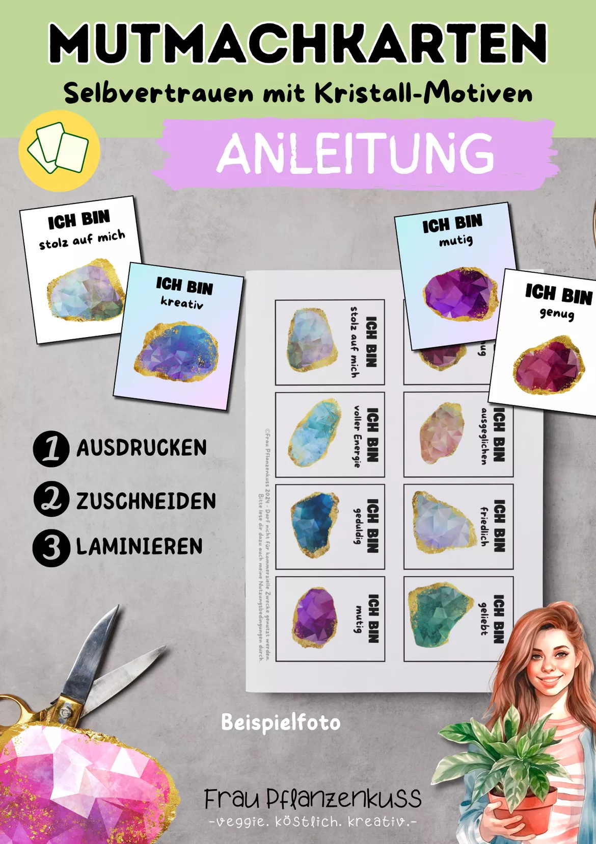 Bild in der Beschreibung des Unterrichtsmaterials Mutmachkarten Kristalle & Edelsteine | Positive Affirmationen für mehr Selbstvertrauen | Klasse 5–7 von Frau Pflanzenkuss #1