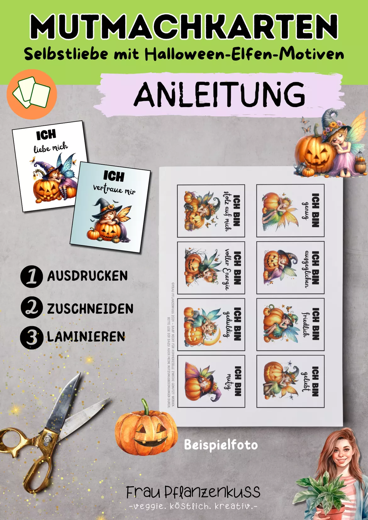 Bild in der Beschreibung des Unterrichtsmaterials Mutmachkarten Halloween-Elfen | Positive Affirmationen für Selbstliebe | Klasse 3–6 von Frau Pflanzenkuss #1