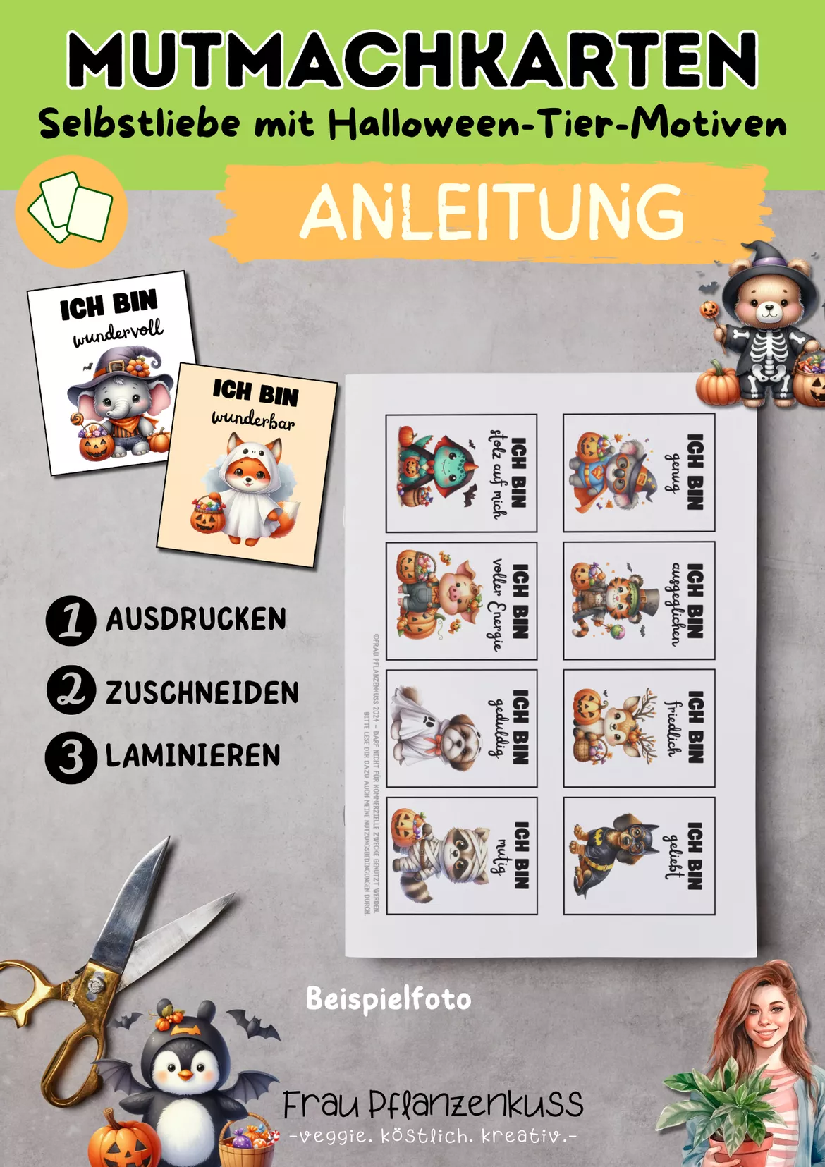 Bild in der Beschreibung des Unterrichtsmaterials Mutmachkarten Halloween-Tiere | Positive Affirmationen für Selbstliebe & Mut | Klasse 3–6 von Frau Pflanzenkuss #1