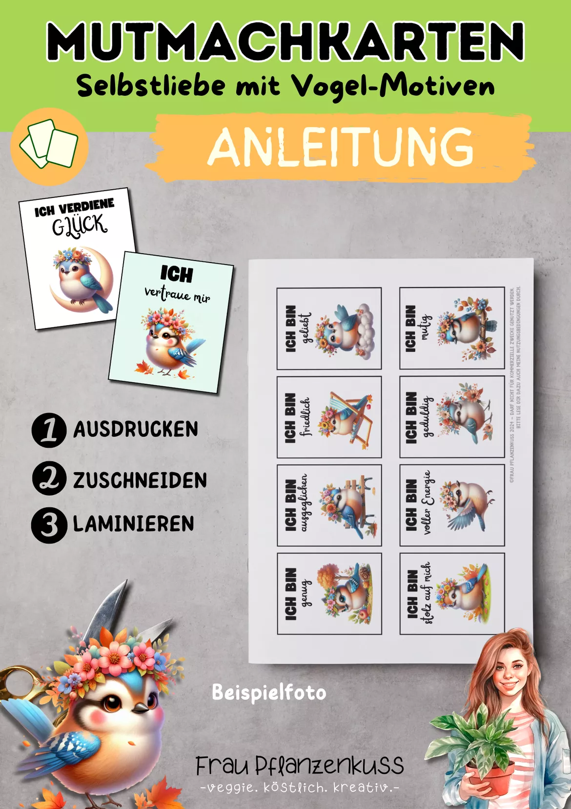 Bild in der Beschreibung des Unterrichtsmaterials Mutmachkarten Vogel | Positive Affirmationen für Selbstvertrauen | Klasse 3–6 von Frau Pflanzenkuss #1