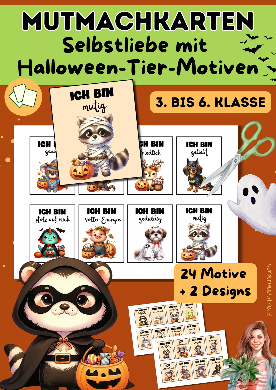 Bild in der Beschreibung des Unterrichtsmaterials Mutmachkarten Halloween-Tiere | Positive Affirmationen für Selbstliebe & Mut | Klasse 3–6 von Frau Pflanzenkuss #2