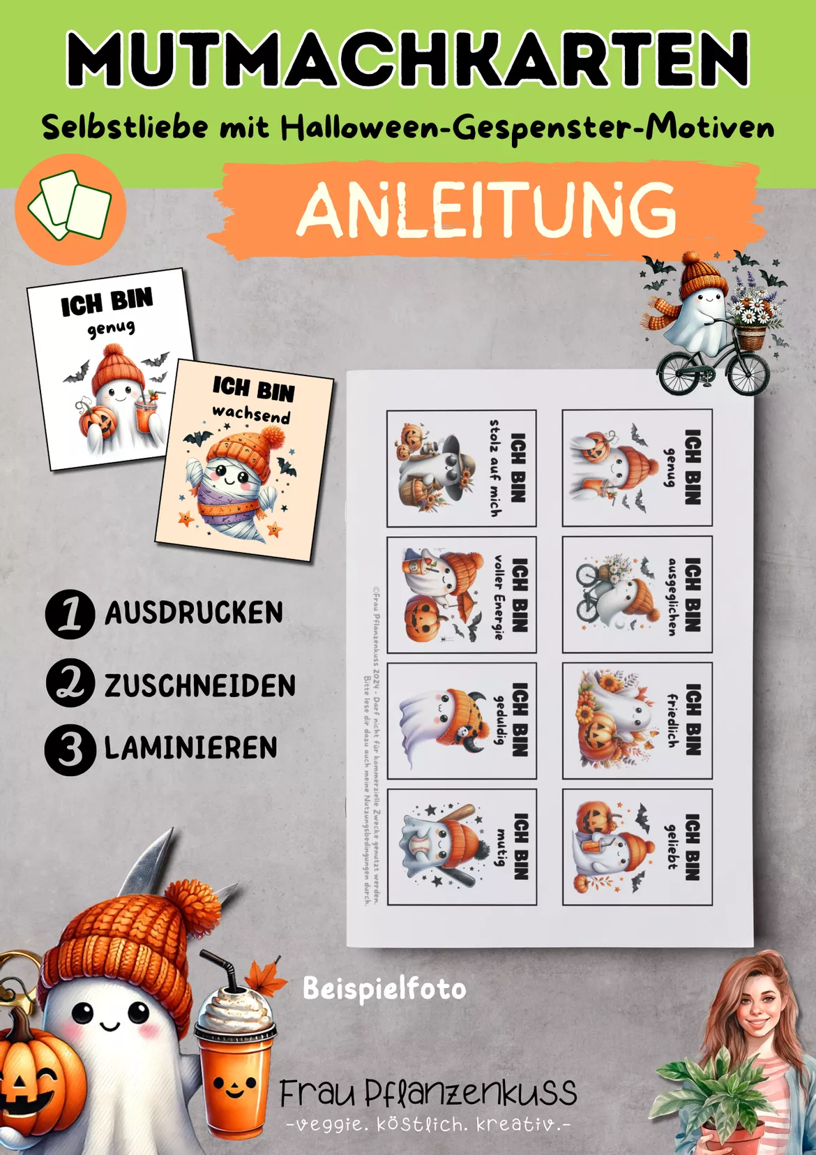 Bild in der Beschreibung des Unterrichtsmaterials Mutmachkarten Halloween-Gespenster | Positive Affirmationen für Selbstvertrauen | Klasse 3–6 von Frau Pflanzenkuss #1