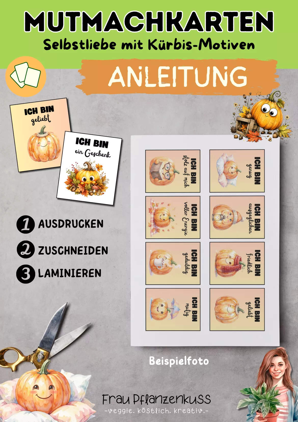 Bild in der Beschreibung des Unterrichtsmaterials Mutmachkarten Kürbis-Motive | Positive Affirmationen für Selbstliebe | Klasse 3–6 von Frau Pflanzenkuss #1