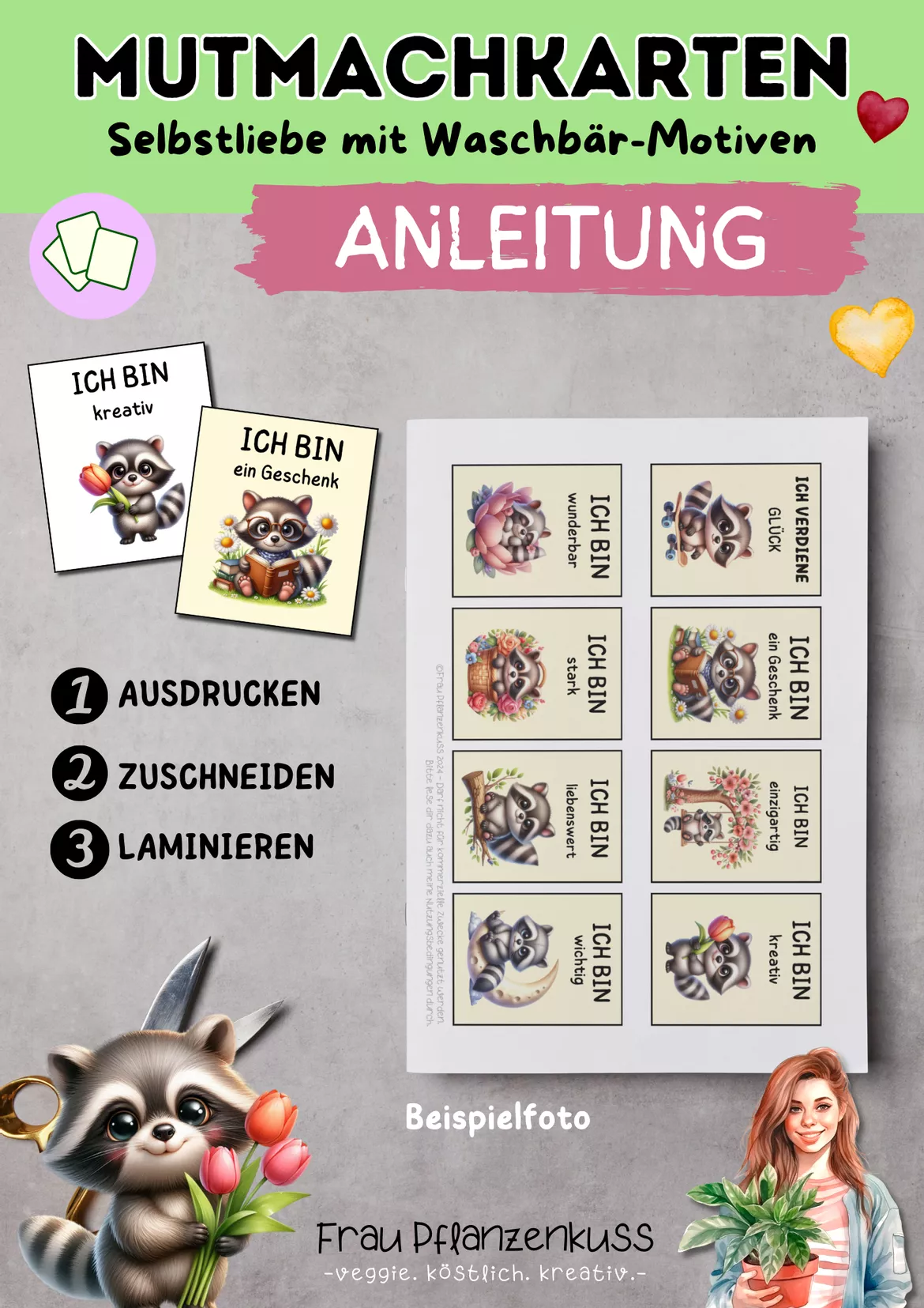 Bild in der Beschreibung des Unterrichtsmaterials Mutmachkarten Waschbären | Positive Affirmationen für Selbstliebe & Selbstvertrauen | Klasse 1–4 von Frau Pflanzenkuss #1