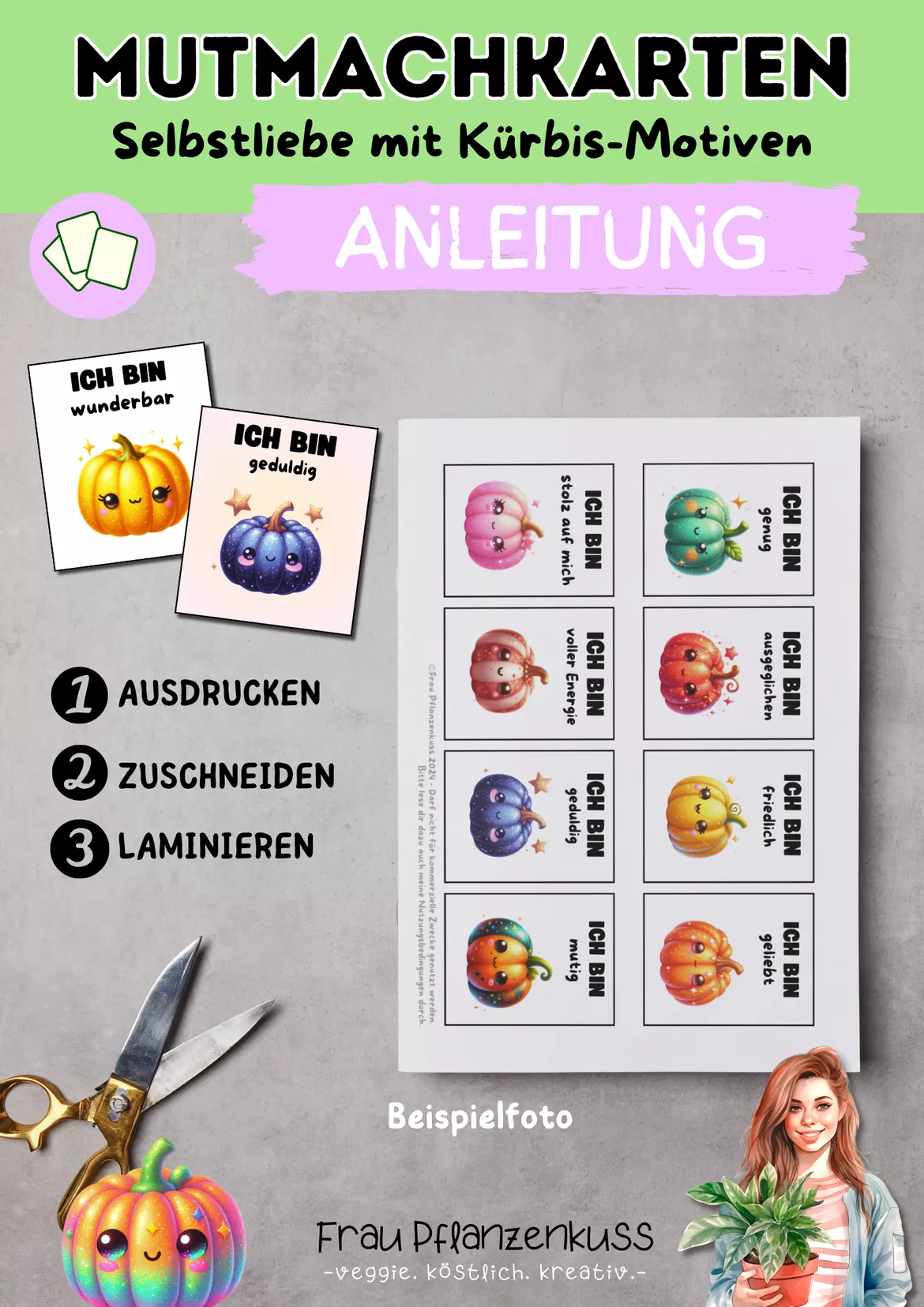 Bild in der Beschreibung des Unterrichtsmaterials Mutmachkarten Kürbisse | Positive Affirmationen für Selbstvertrauen & Selbstliebe | Klasse 1–4 von Frau Pflanzenkuss #1