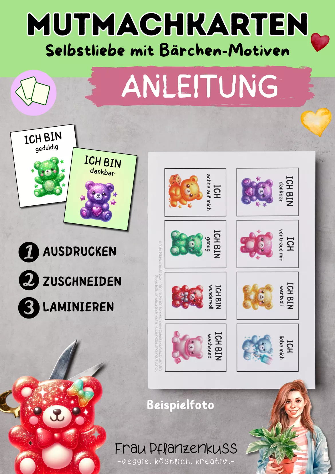 Bild in der Beschreibung des Unterrichtsmaterials Mutmachkarten Gummibärchen | Positive Affirmationen für Kinder | Klasse 1–4 mit niedlichen Gummibärchen Motive von Frau Pflanzenkuss #1