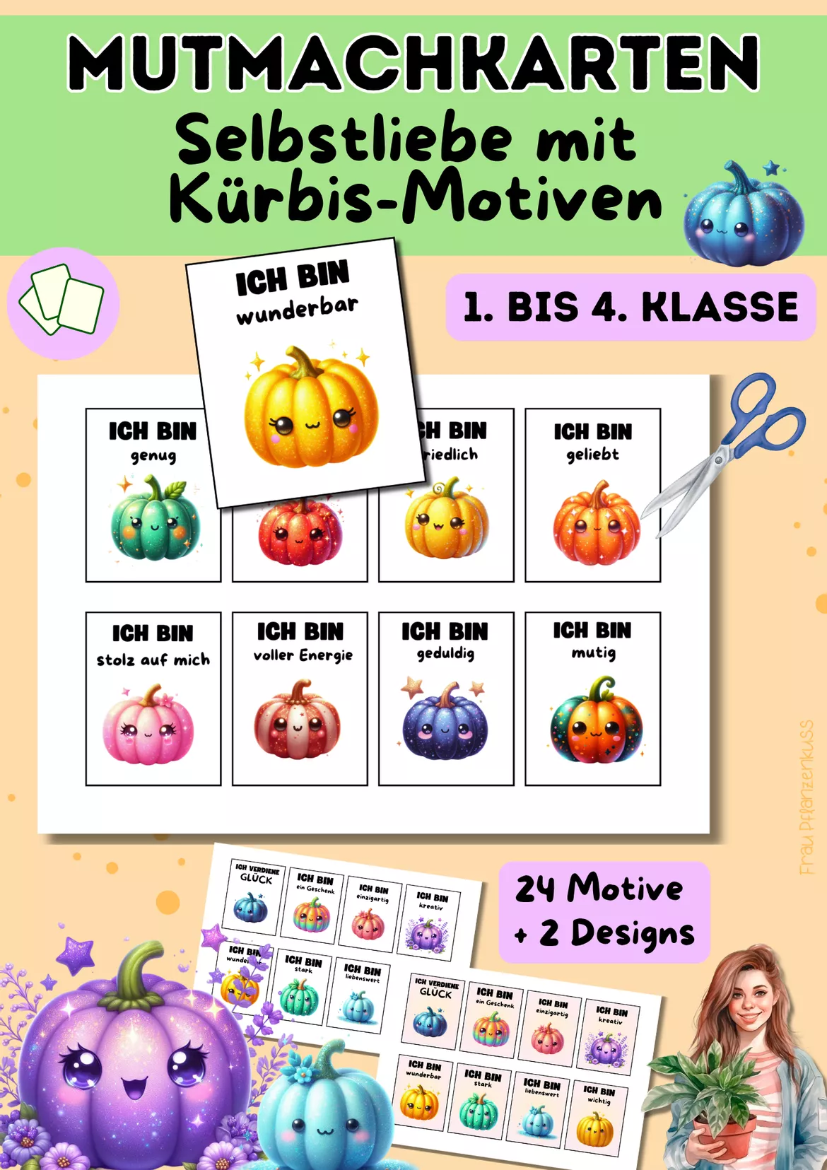 Bild in der Beschreibung des Unterrichtsmaterials Mutmachkarten Kürbisse | Positive Affirmationen für Selbstvertrauen & Selbstliebe | Klasse 1–4 von Frau Pflanzenkuss #2