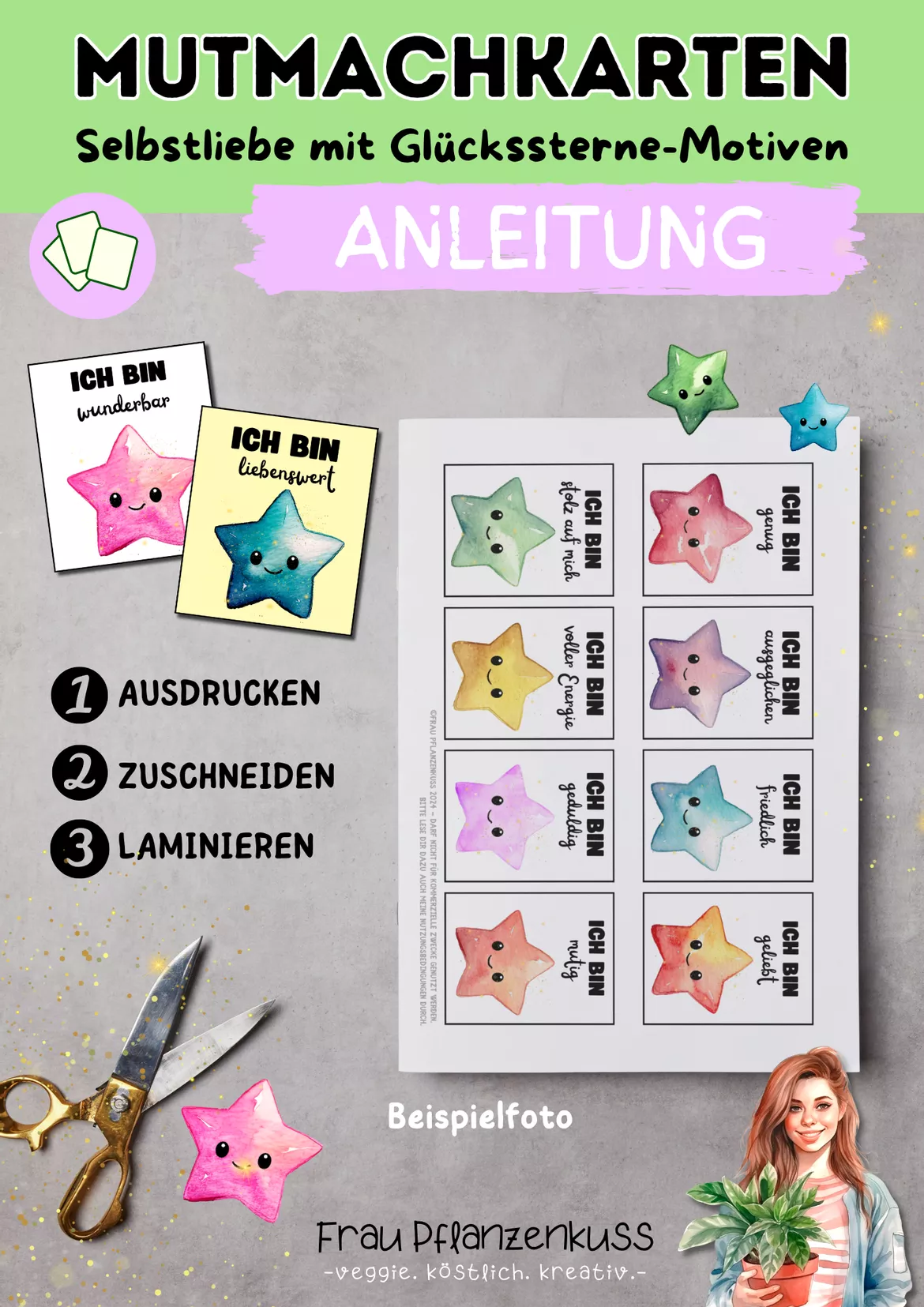 Bild in der Beschreibung des Unterrichtsmaterials Mutmachkarten Glückssterne | Positive Affirmationen für Kinder | Klasse 1–4 von Frau Pflanzenkuss #1