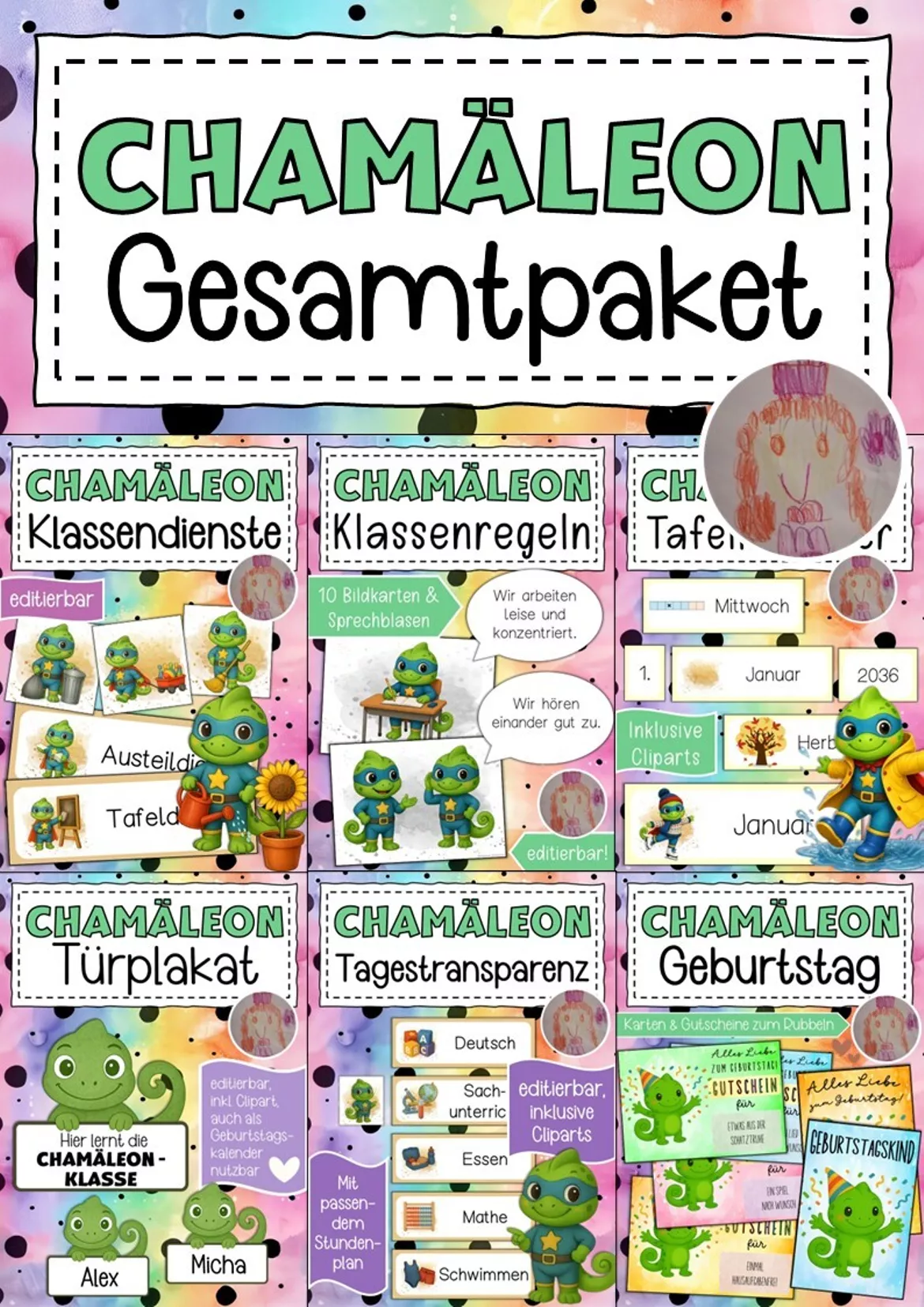 Bild in der Beschreibung des Unterrichtsmaterials Willkommensgruß Klassentier Chamäleon Regenbogen von Abenteuer Grundschule #1